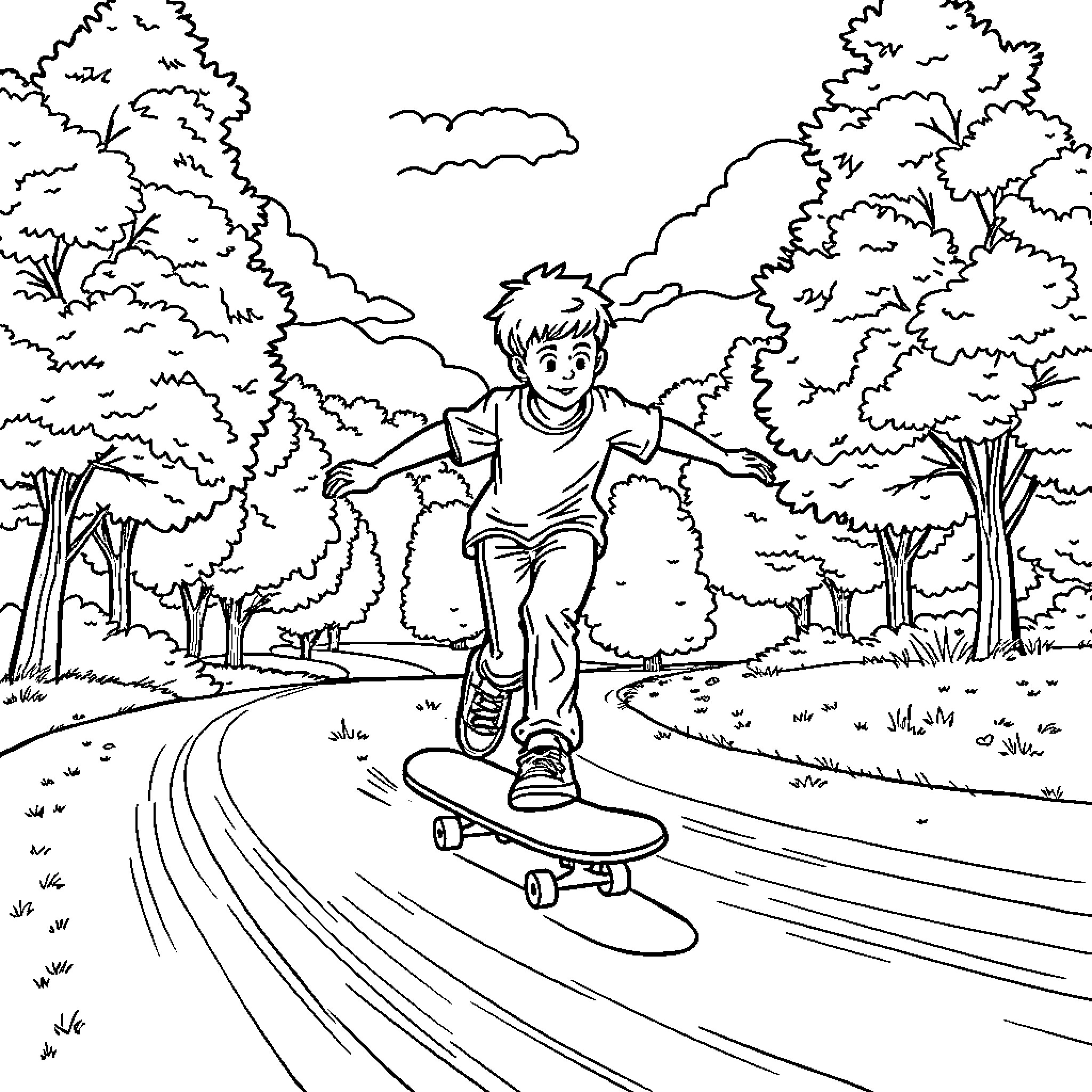 Boy happily riding a skateboard on a forest path Coloring Page (free black-and-white line drawing printable PDF for all, from beginners to advanced learners, including children, teens, adults, and seniors)