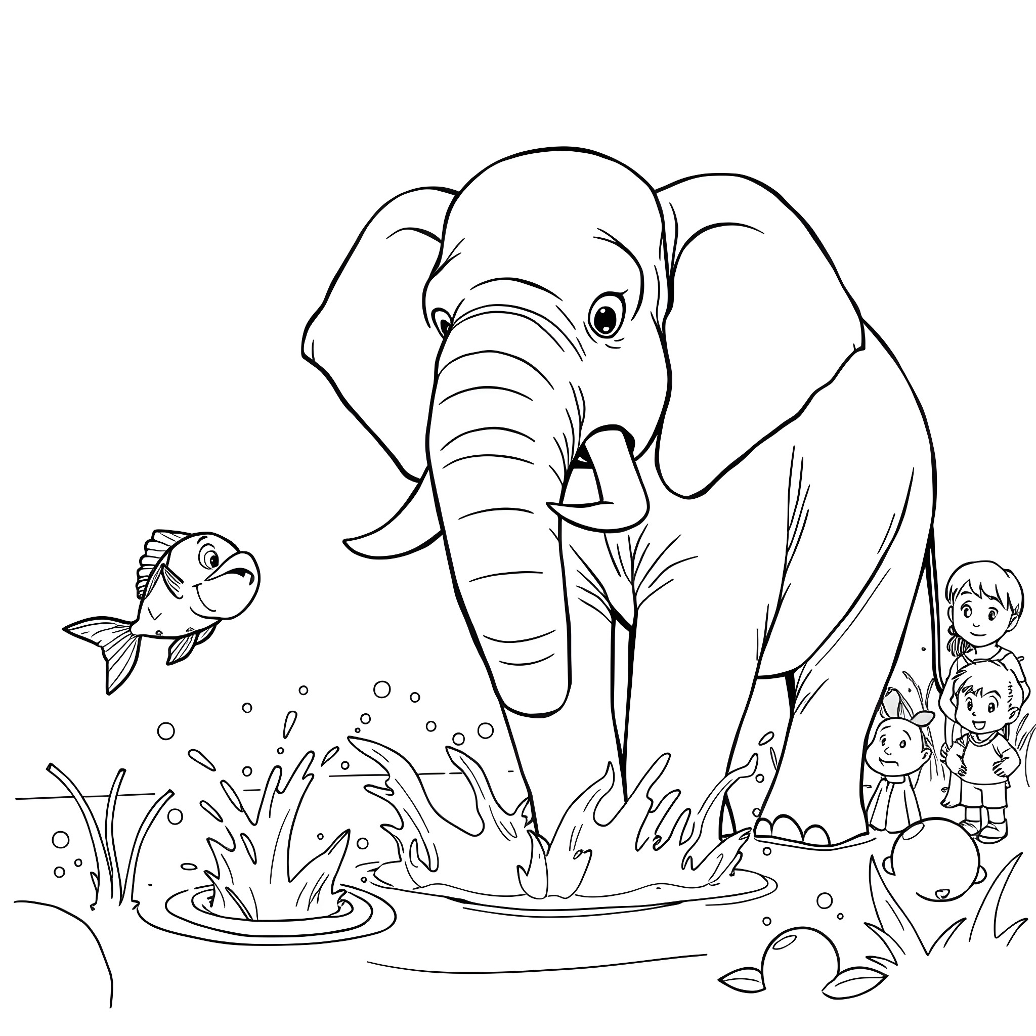 Fish and children playing with a friendly elephant Coloring Page (free black-and-white line drawing printable PDF for all, from beginners to advanced learners, including children, teens, adults, and seniors)