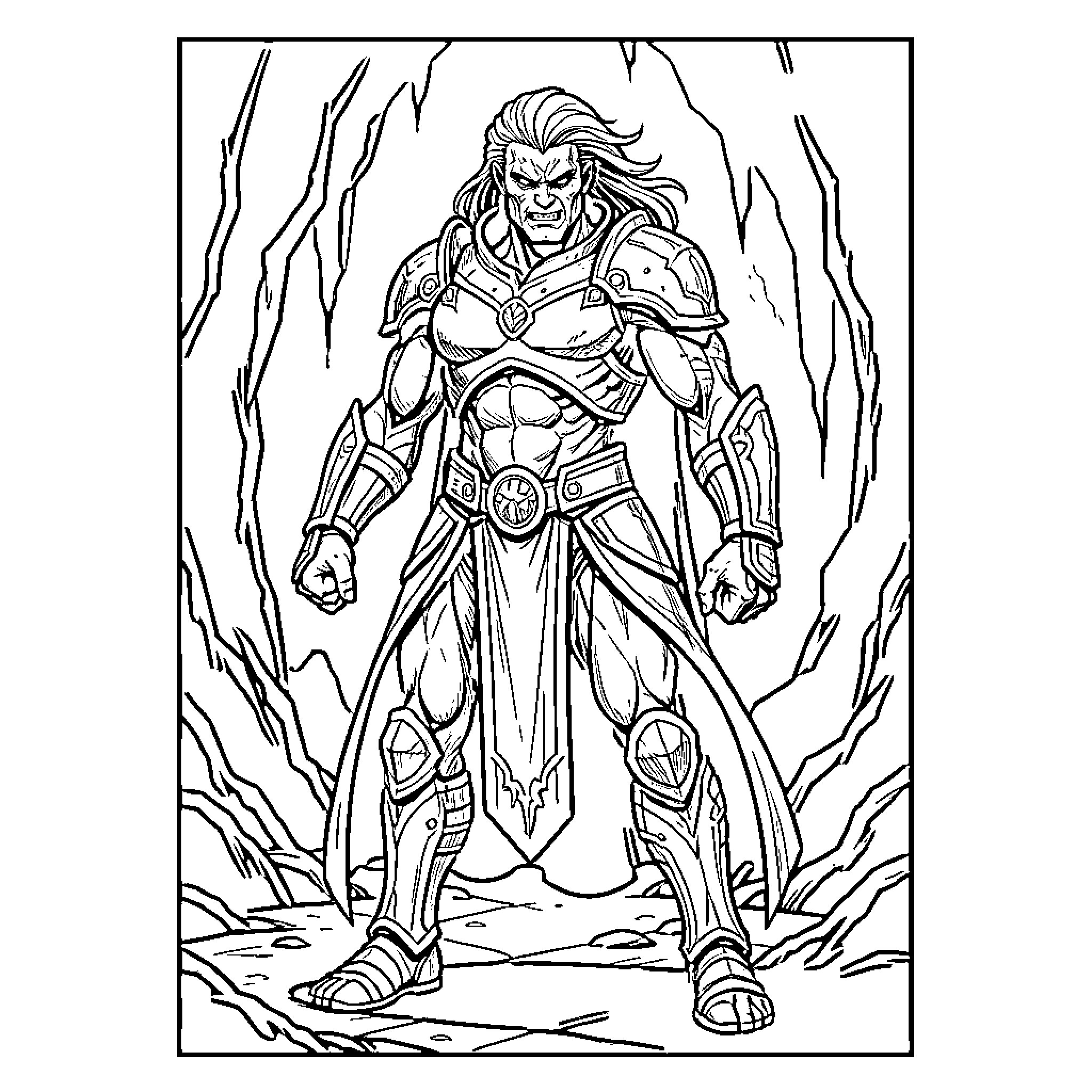 Nemesis - Powerful Warrior in Armored Garb Coloring Page (free black-and-white line drawing printable PDF for all, from beginners to advanced learners, including children, teens, adults, and seniors)