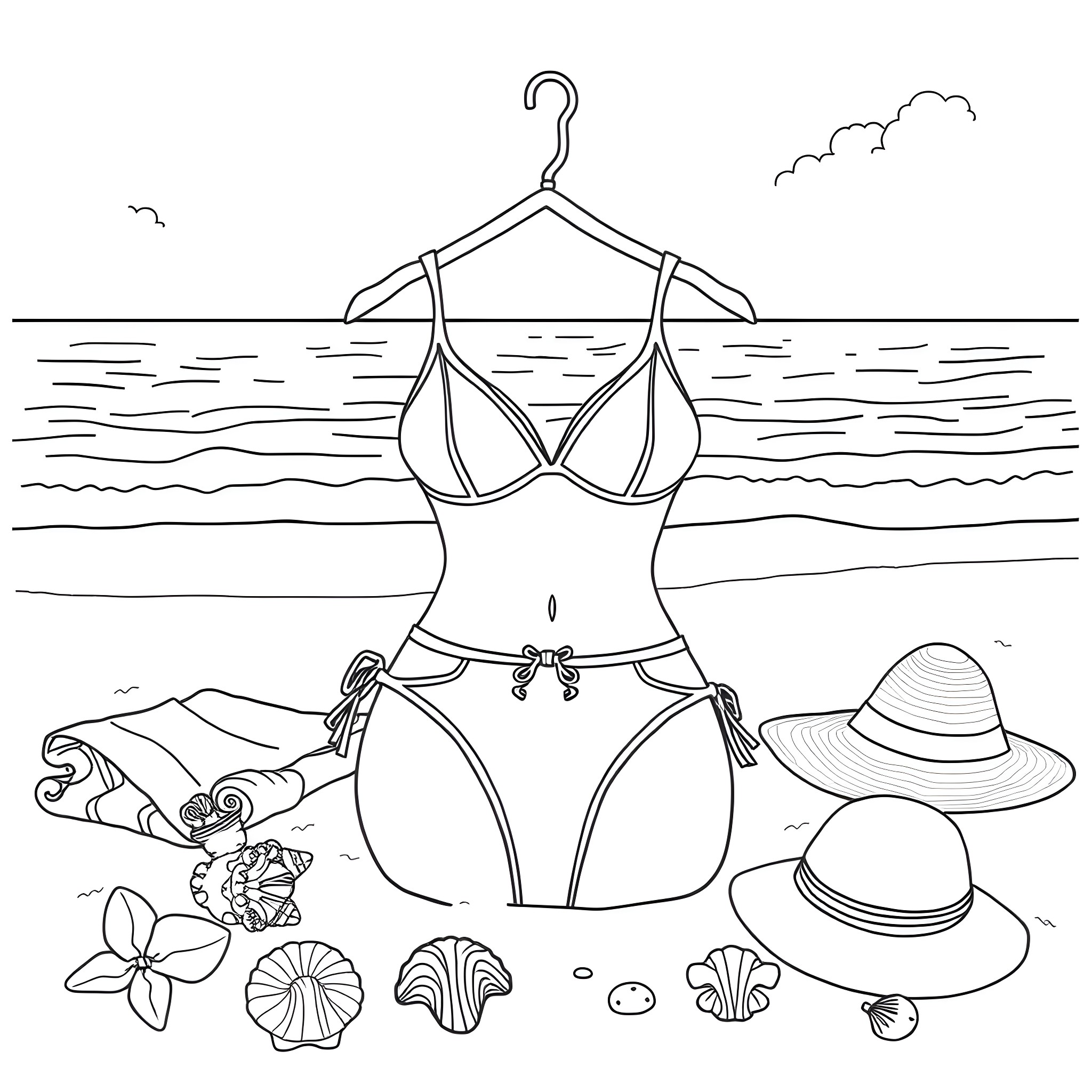 Bikini-clad figure on the beach with seashells Coloring Page (free black-and-white line drawing printable PDF for all, from beginners to advanced learners, including children, teens, adults, and seniors)