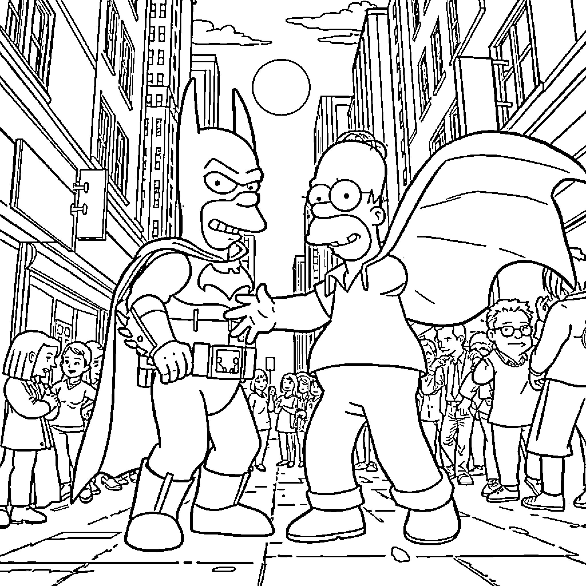 Homer Simpson argues with neighbor in the city Coloring Page (free black-and-white line drawing printable PDF for all, from beginners to advanced learners, including children, teens, adults, and seniors)