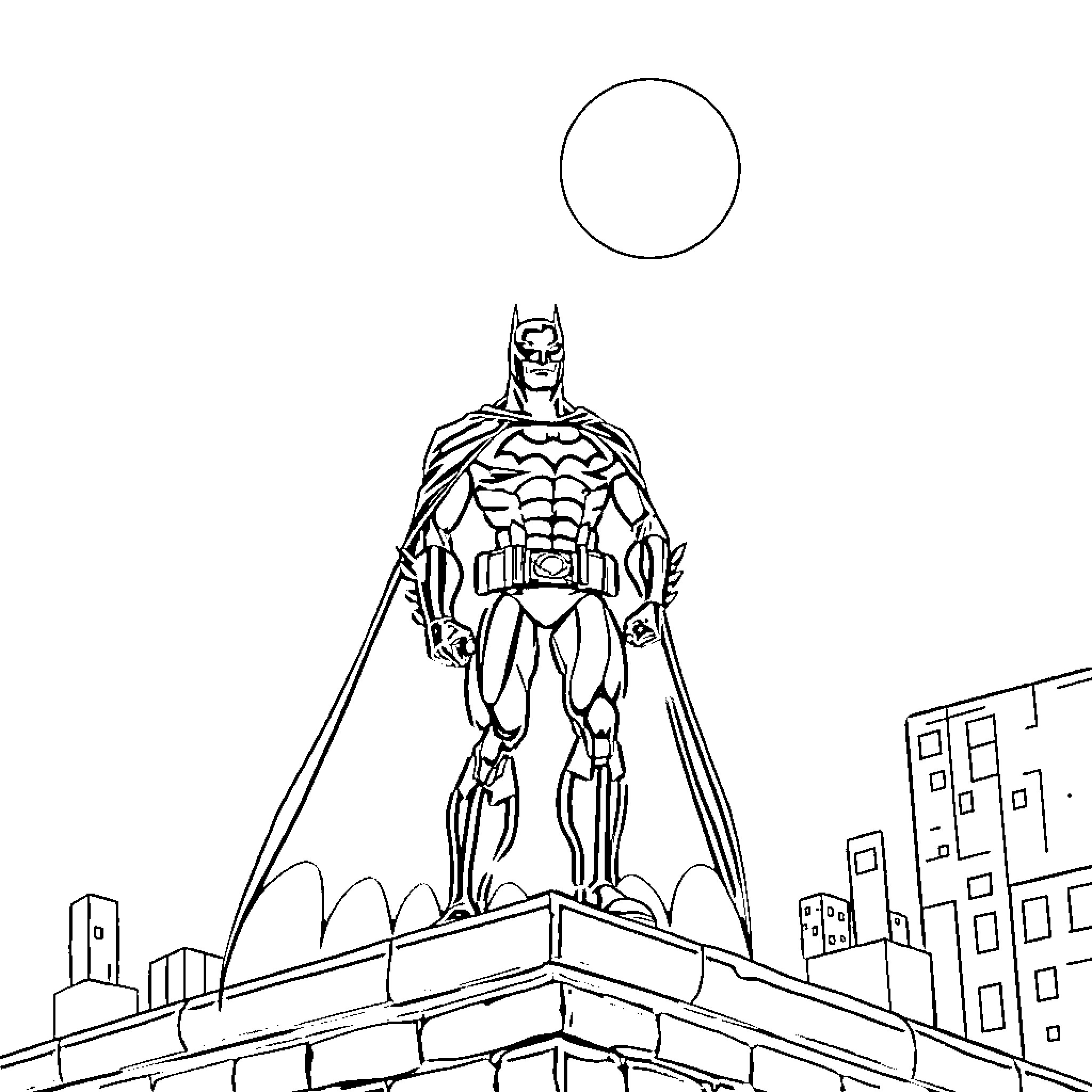 Batman standing tall on a rooftop overlooking the city Coloring Page (free black-and-white line drawing printable PDF for all, from beginners to advanced learners, including children, teens, adults, and seniors)