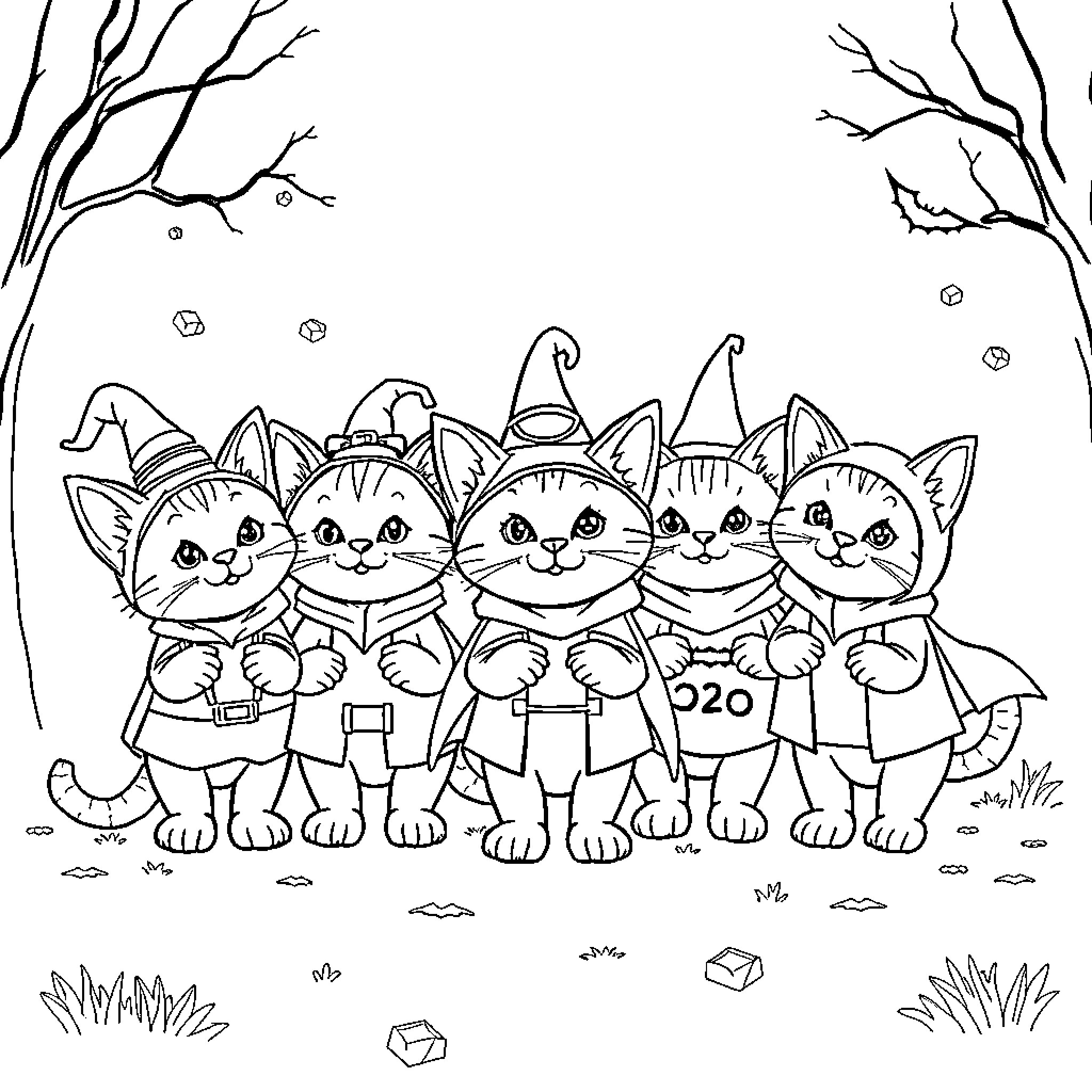 Kitten witches gathering in the forest Coloring Page (free black-and-white line drawing printable PDF for all, from beginners to advanced learners, including children, teens, adults, and seniors)