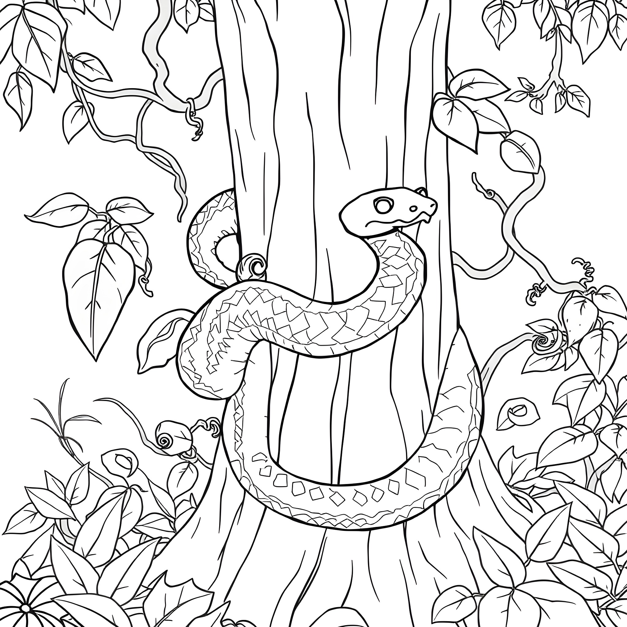 Anaconda coiled in a lush forest Coloring Page (free black-and-white line drawing printable PDF for all, from beginners to advanced learners, including children, teens, adults, and seniors)