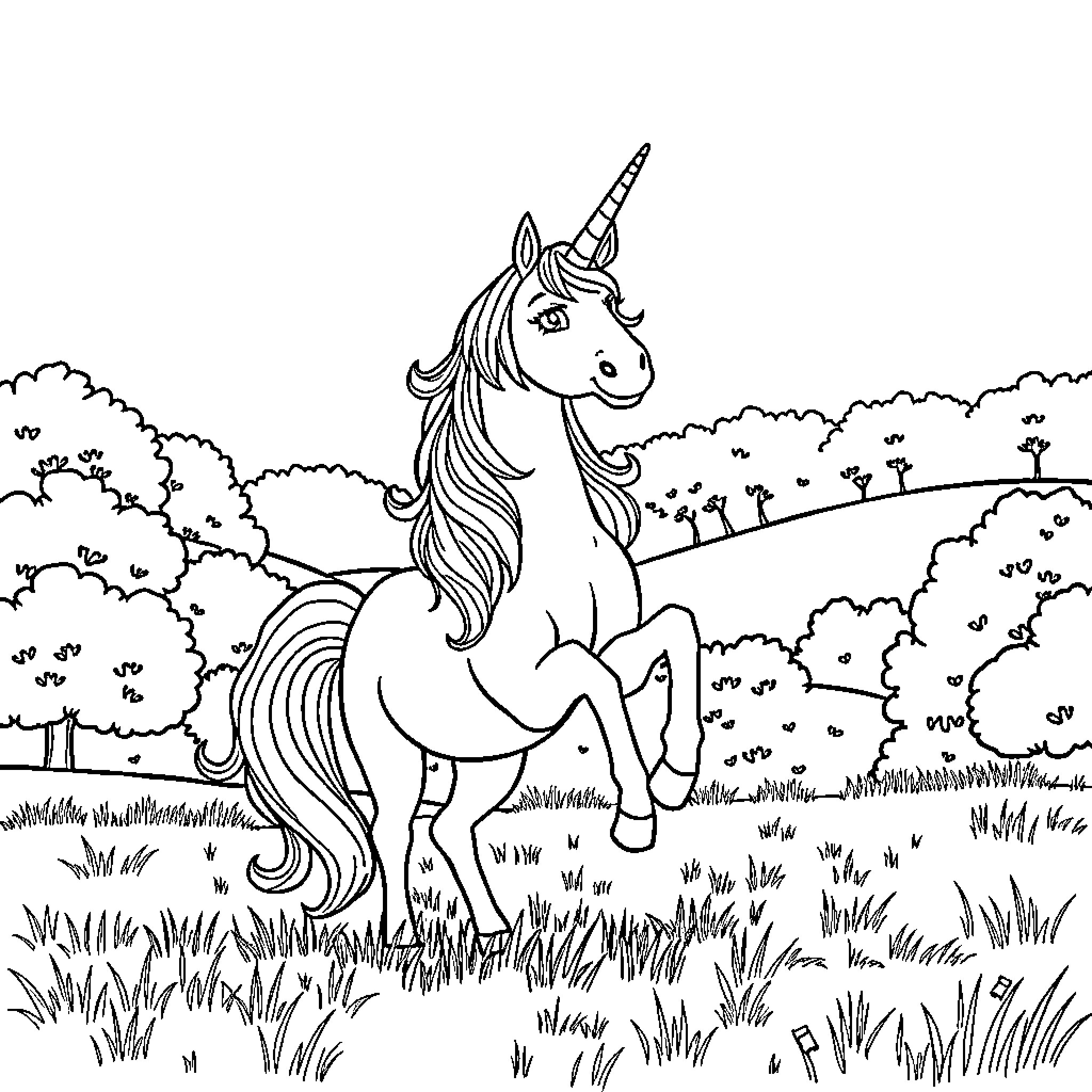 Unicorn galloping gracefully in a serene landscape Coloring Page (free black-and-white line drawing printable PDF for all, from beginners to advanced learners, including children, teens, adults, and seniors)