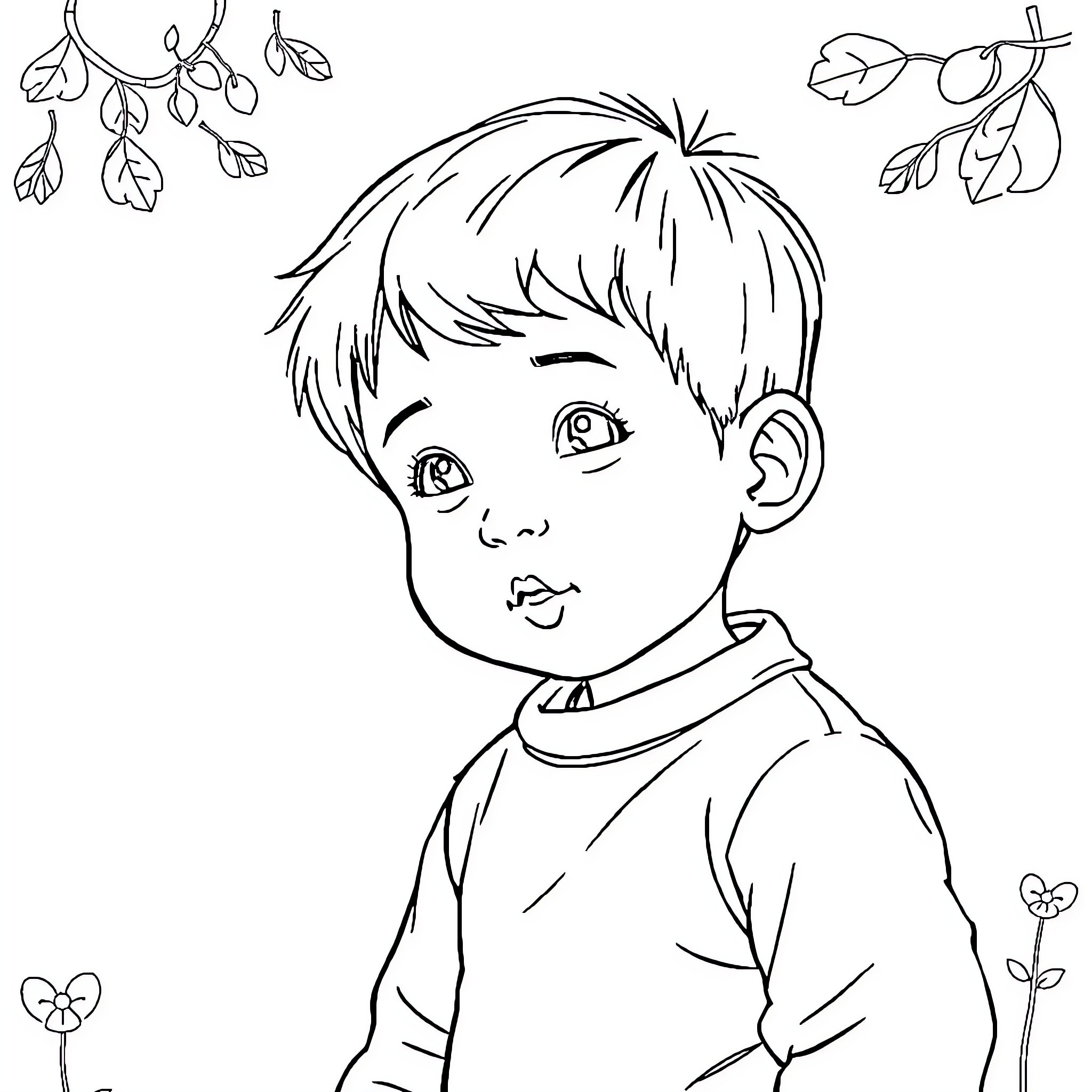 Child in thoughtful expression with natural elements Coloring Page (free black-and-white line drawing printable PDF for all, from beginners to advanced learners, including children, teens, adults, and seniors)