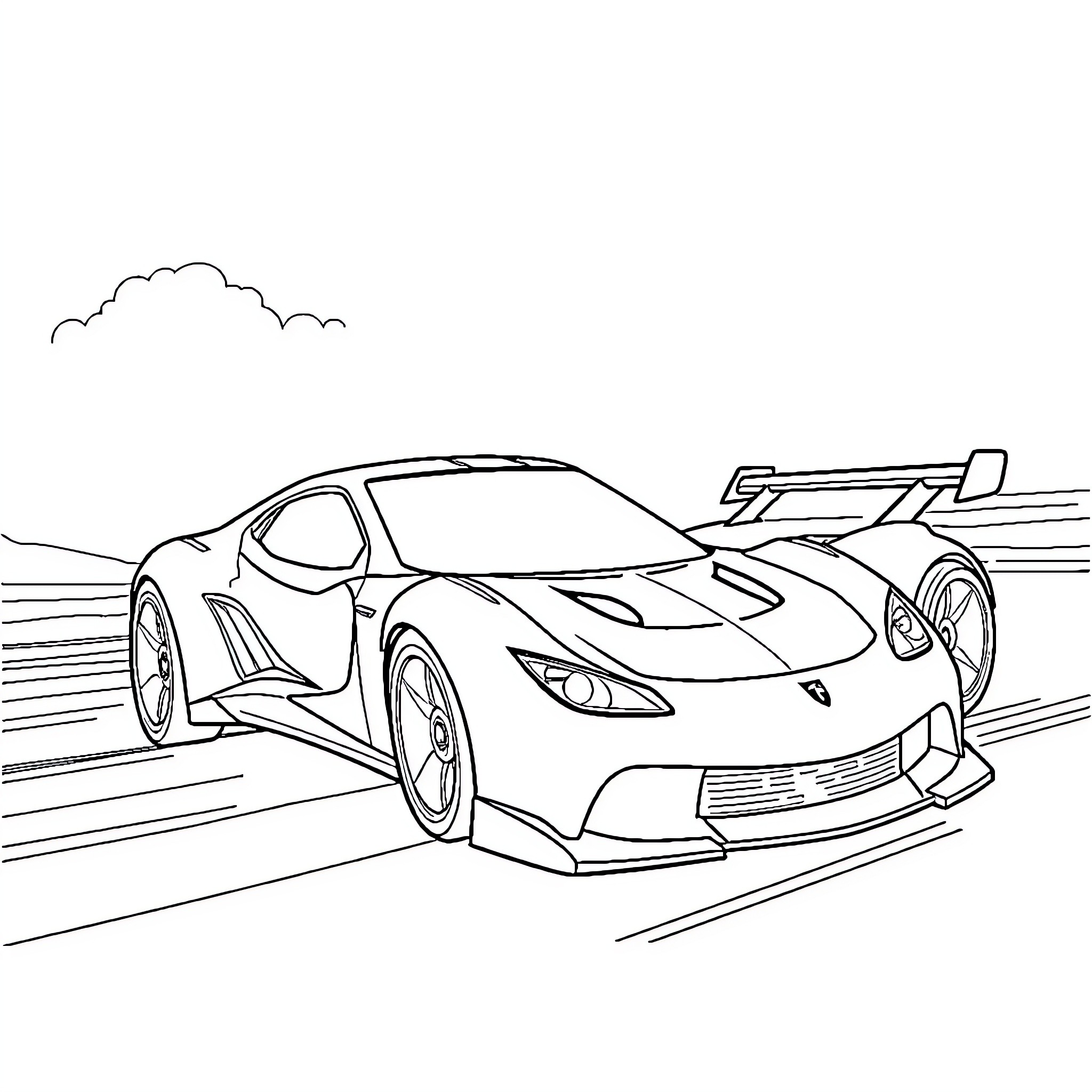 Hotwheels racer in high-speed action Coloring Page (free black-and-white line drawing printable PDF for all, from beginners to advanced learners, including children, teens, adults, and seniors)