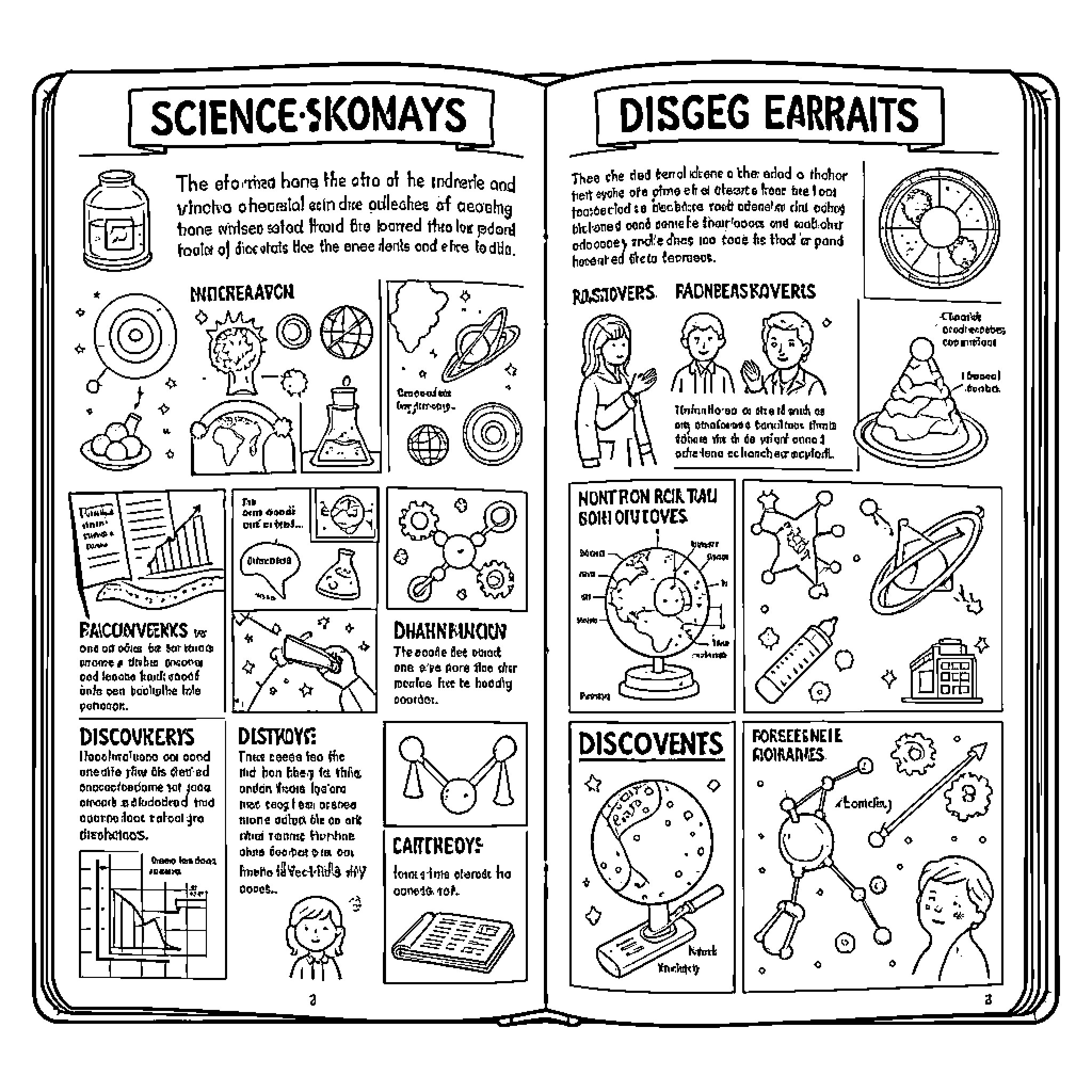 Science Journal with Diverse Scientific Concepts and Discoveries Coloring Page (free black-and-white line drawing printable PDF for all, from beginners to advanced learners, including children, teens, adults, and seniors)