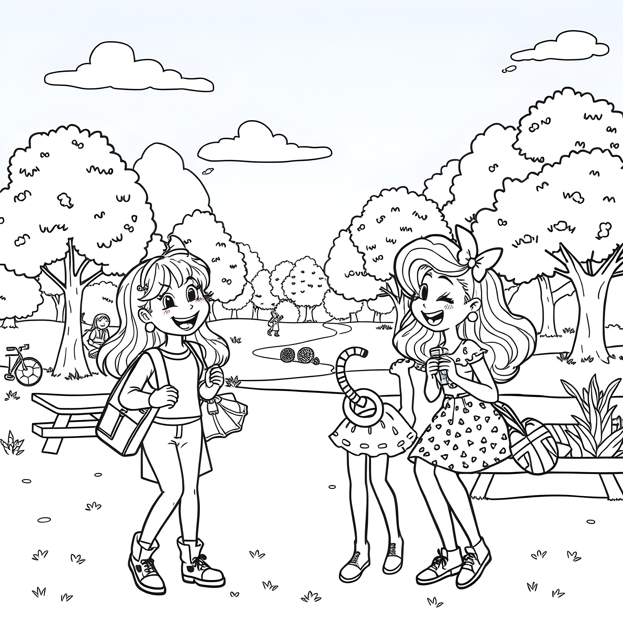 Bonnie Blue girls enjoying nature in park Coloring Page (free black-and-white line drawing printable PDF for all, from beginners to advanced learners, including children, teens, adults, and seniors)