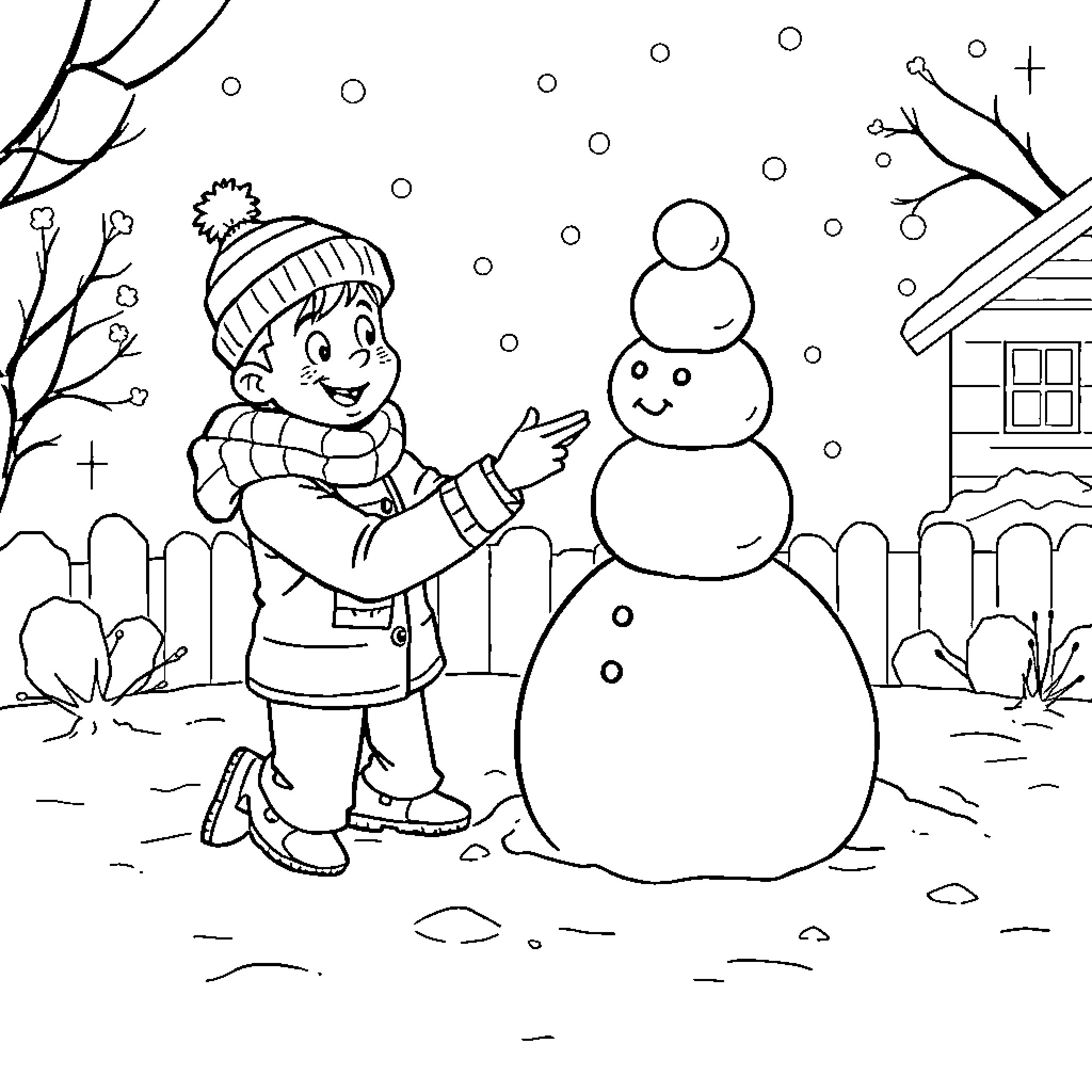 Jason building a snowman in the winter wonderland Coloring Page (free black-and-white line drawing printable PDF for all, from beginners to advanced learners, including children, teens, adults, and seniors)