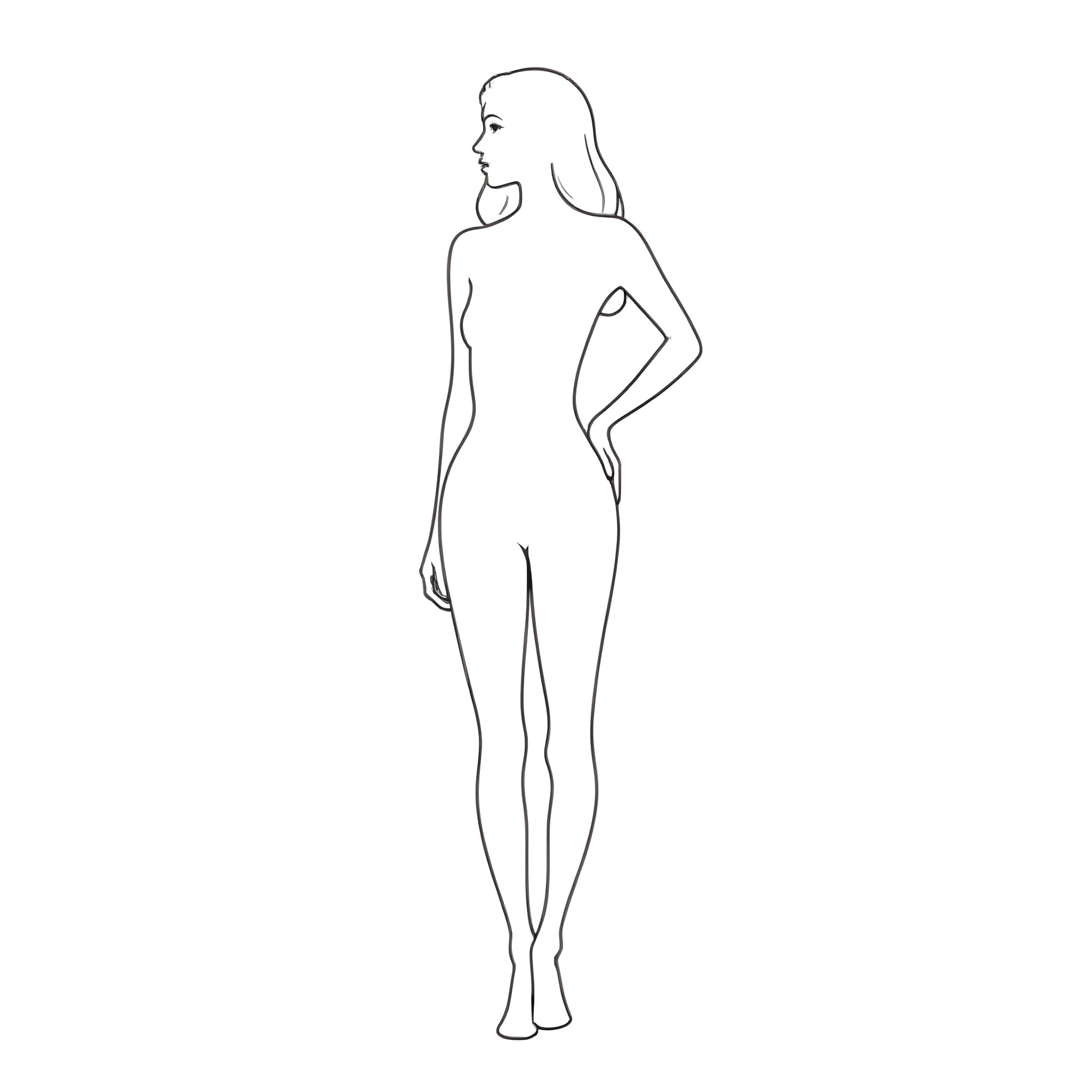 Woman in minimalist nude pose Coloring Page (free black-and-white line drawing printable PDF for all, from beginners to advanced learners, including children, teens, adults, and seniors)