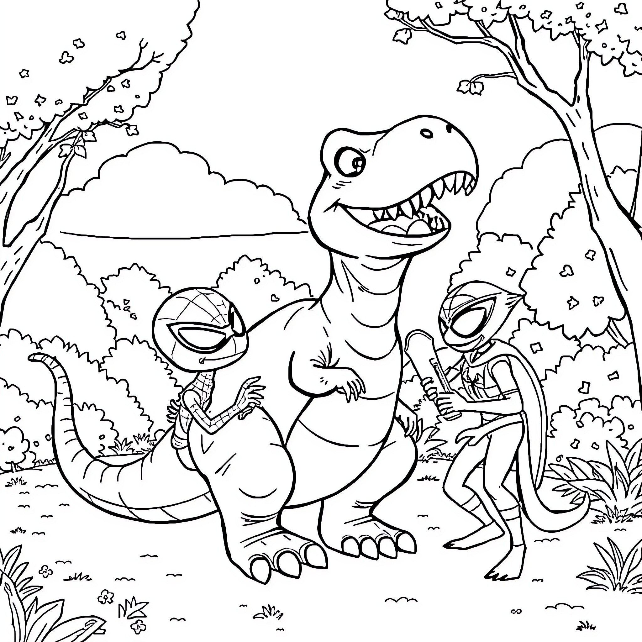 Dinosaur playing with adventurous explorers in the wilderness Coloring Page (free black-and-white line drawing printable PDF for all, from beginners to advanced learners, including children, teens, adults, and seniors)