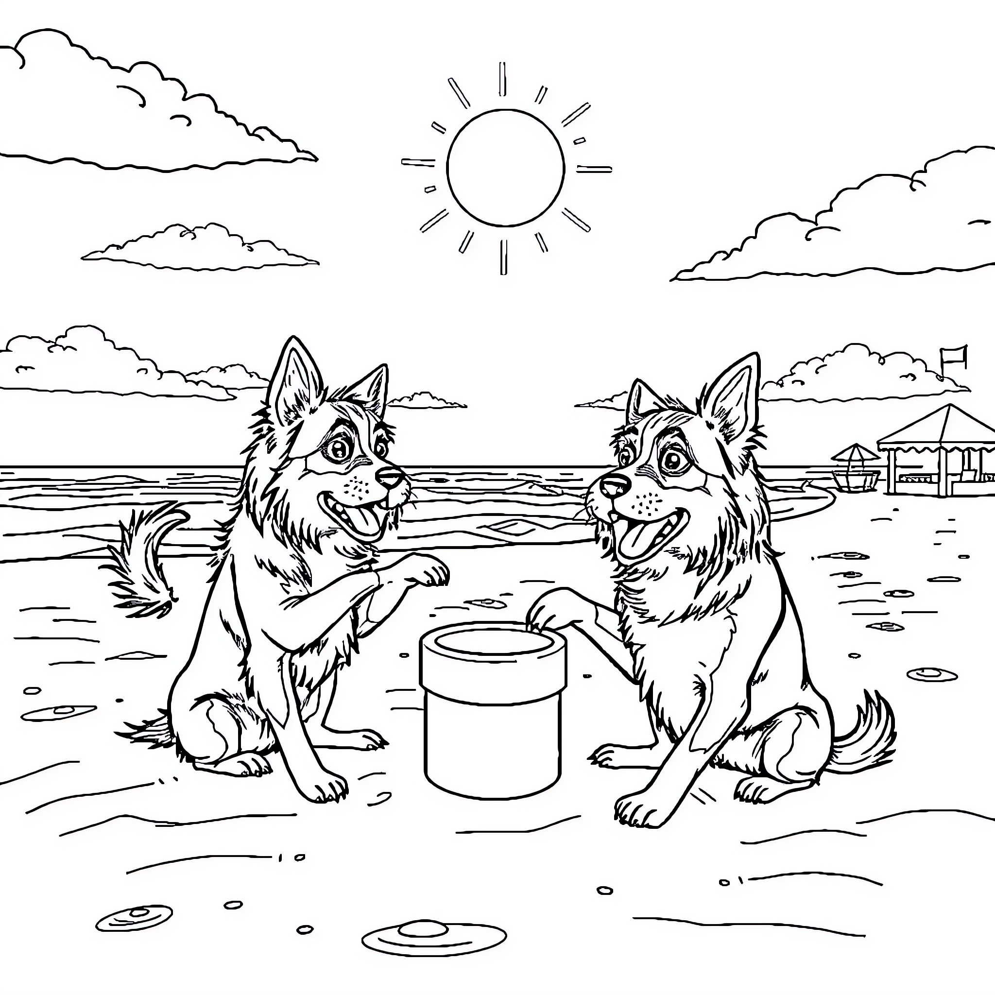 Perro dogs playing by the beach on a sunny day Coloring Page (free black-and-white line drawing printable PDF for all, from beginners to advanced learners, including children, teens, adults, and seniors)
