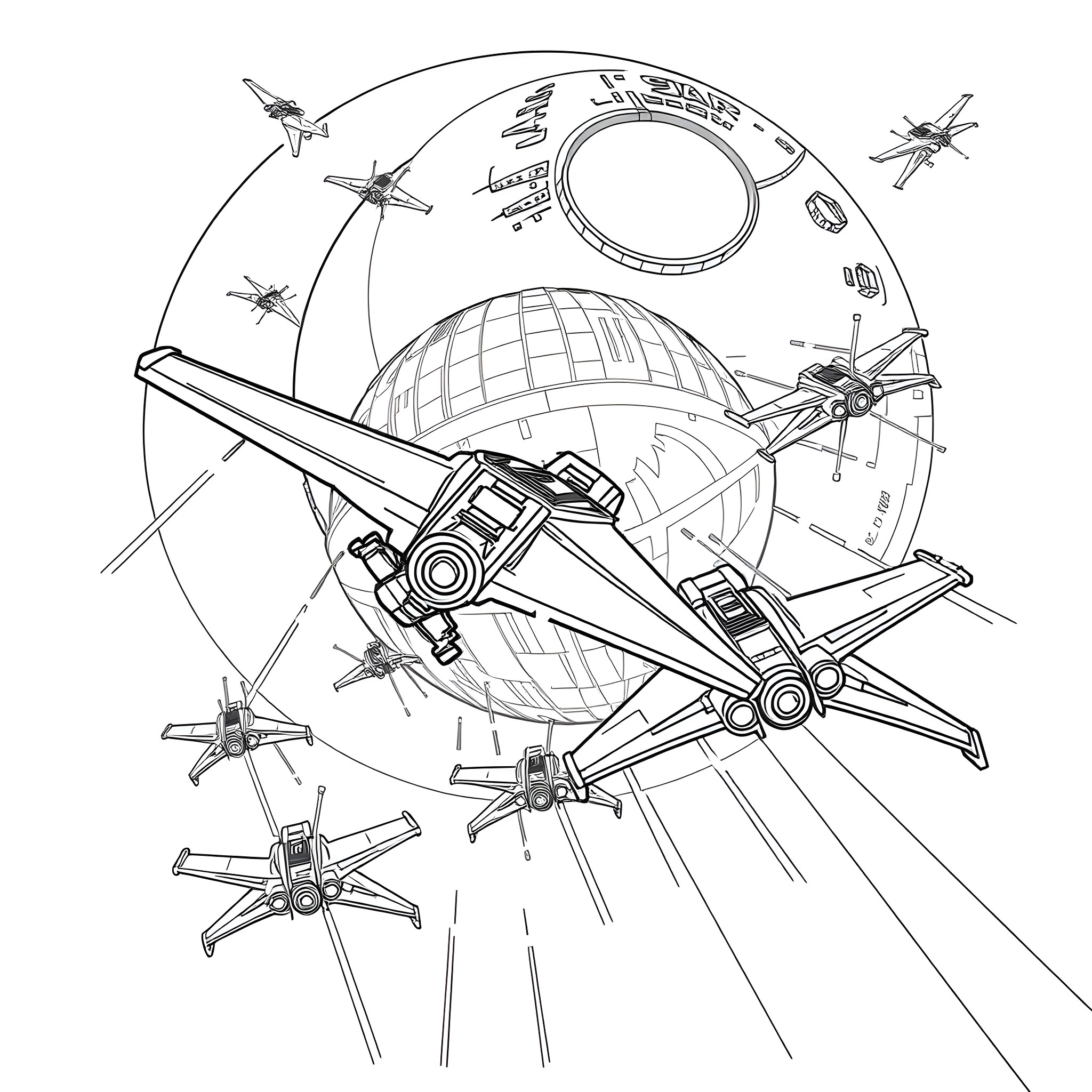 X-Wing Starfighters in Futuristic Space Combat Coloring Page (free black-and-white line drawing printable PDF for all, from beginners to advanced learners, including children, teens, adults, and seniors)