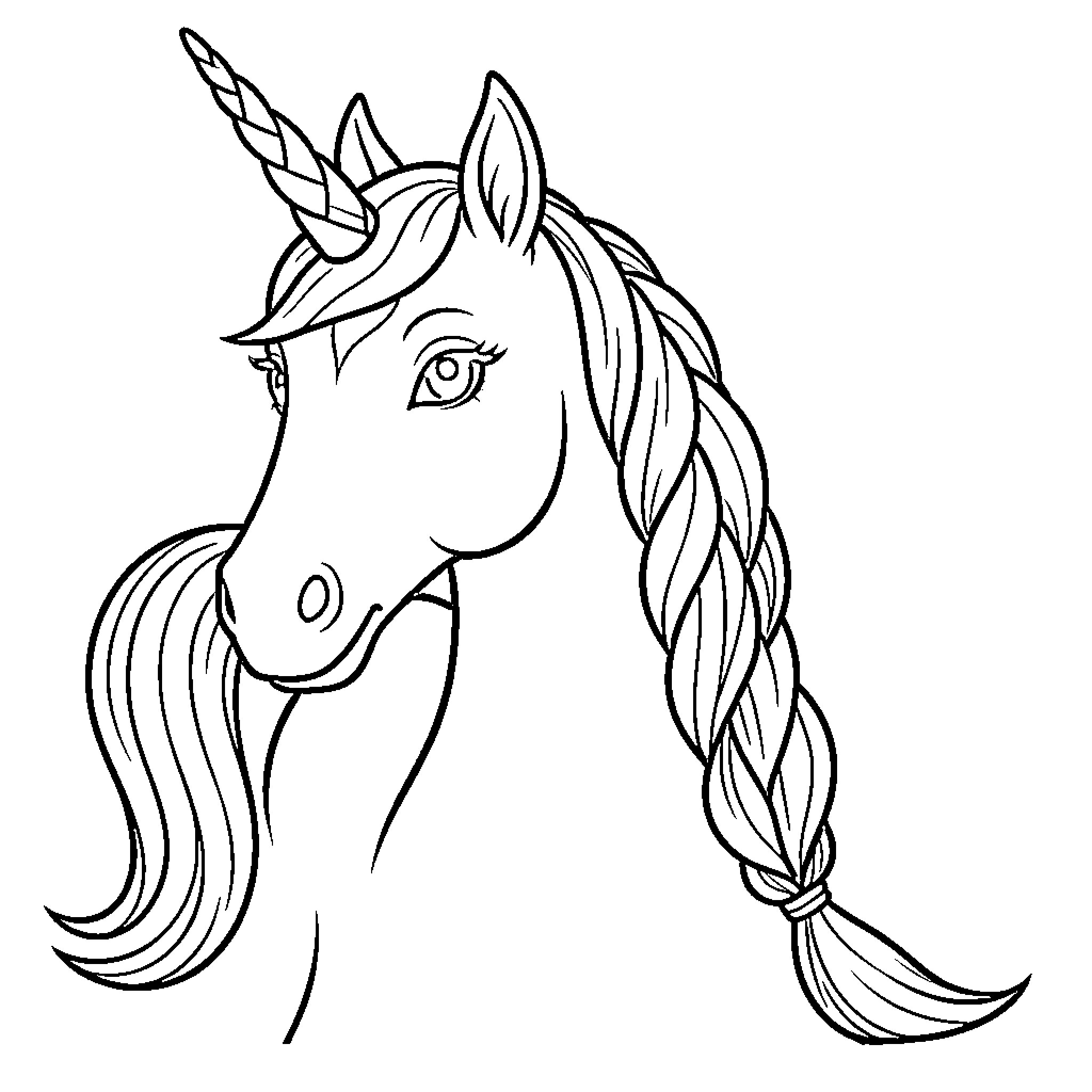 Unicorn with long braided mane looking forward Coloring Page (free black-and-white line drawing printable PDF for all, from beginners to advanced learners, including children, teens, adults, and seniors)