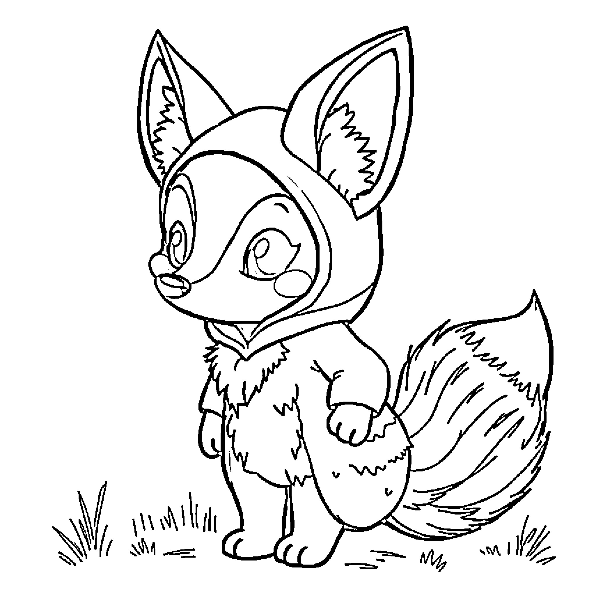 Labubu the curious fox in the meadow Coloring Page (free black-and-white line drawing printable PDF for all, from beginners to advanced learners, including children, teens, adults, and seniors)