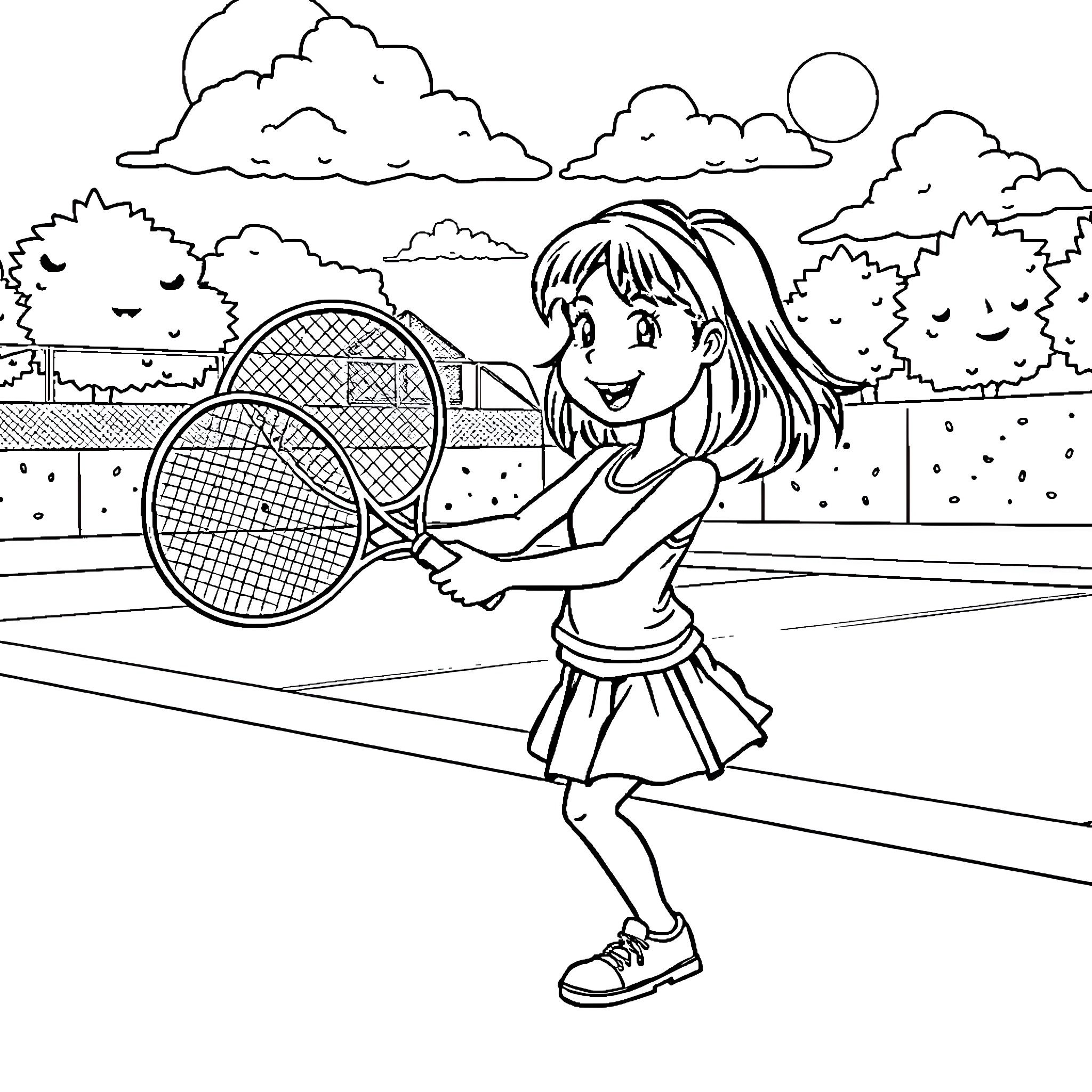 Girl playing tennis on the court Coloring Page (free black-and-white line drawing printable PDF for all, from beginners to advanced learners, including children, teens, adults, and seniors)