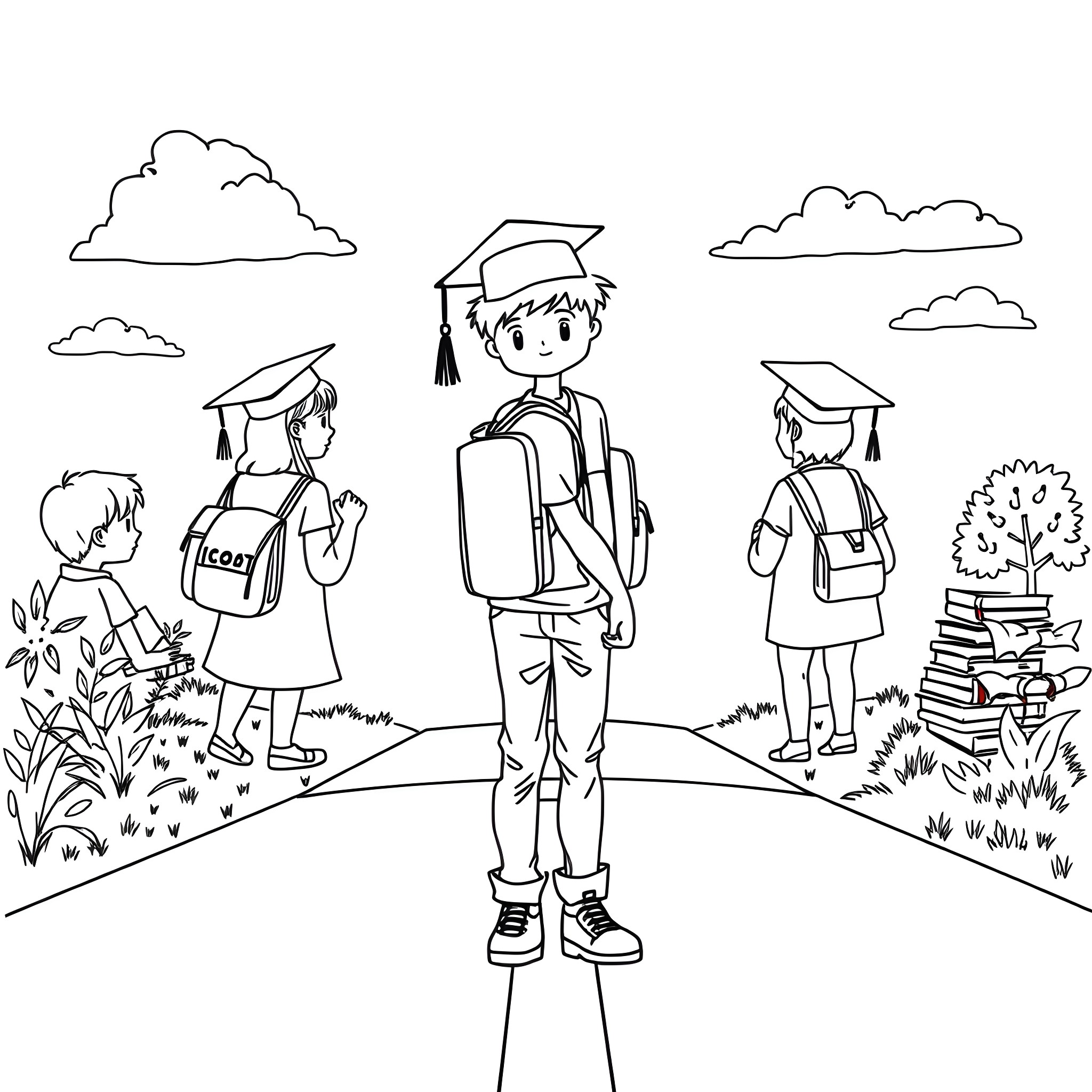 School Leavers Celebrating Graduation Outdoors Coloring Page (free black-and-white line drawing printable PDF for all, from beginners to advanced learners, including children, teens, adults, and seniors)