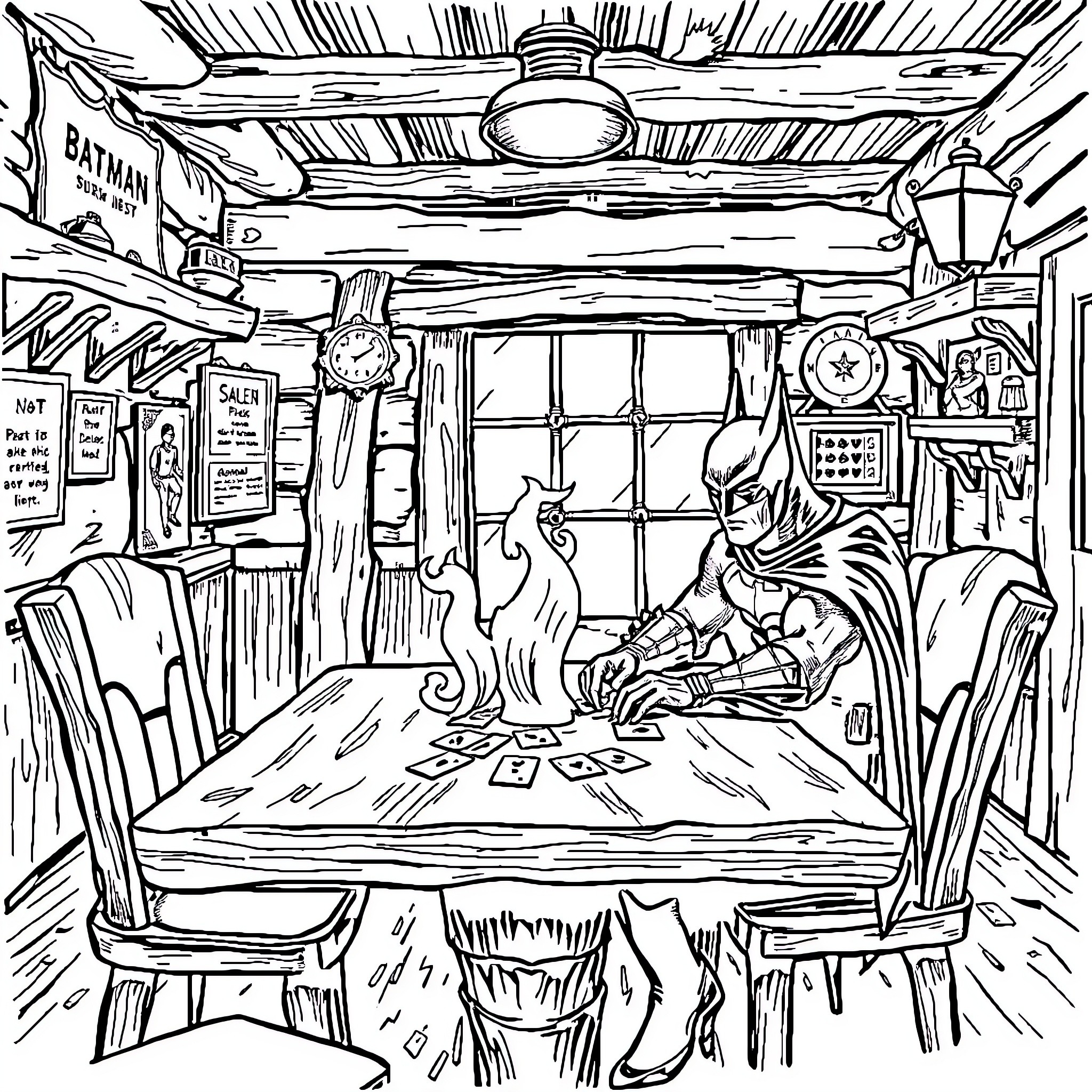 Batman solving a mystery in his detective office Coloring Page (free black-and-white line drawing printable PDF for all, from beginners to advanced learners, including children, teens, adults, and seniors)