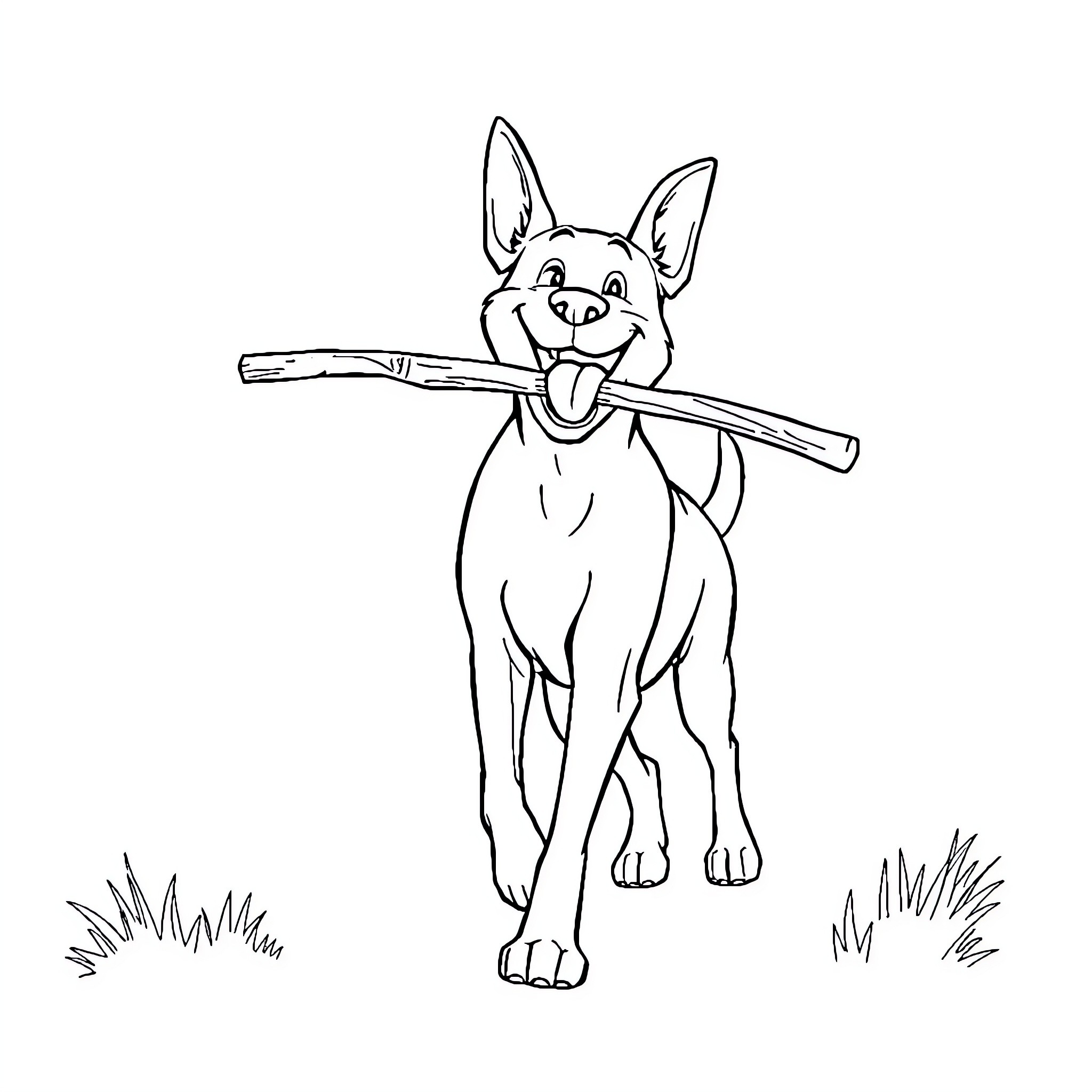 Dog carrying a stick happily in the grass Coloring Page (free black-and-white line drawing printable PDF for all, from beginners to advanced learners, including children, teens, adults, and seniors)