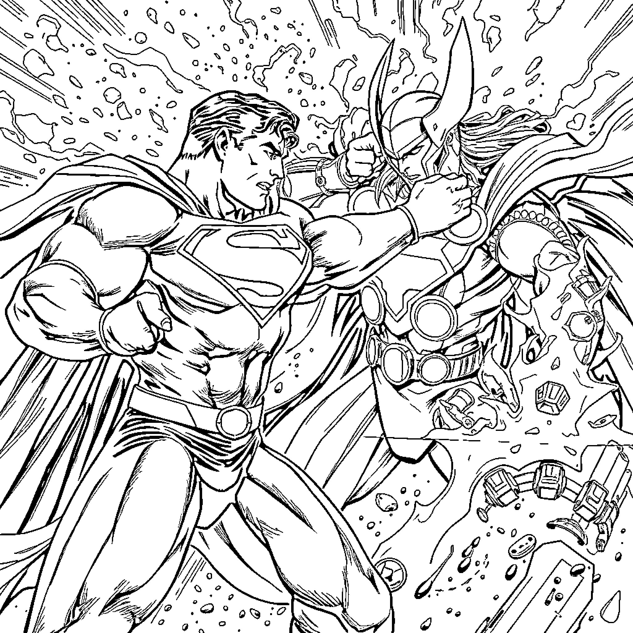 Superman Battles Powerful Foe in Epic Showdown Coloring Page (free black-and-white line drawing printable PDF for all, from beginners to advanced learners, including children, teens, adults, and seniors)