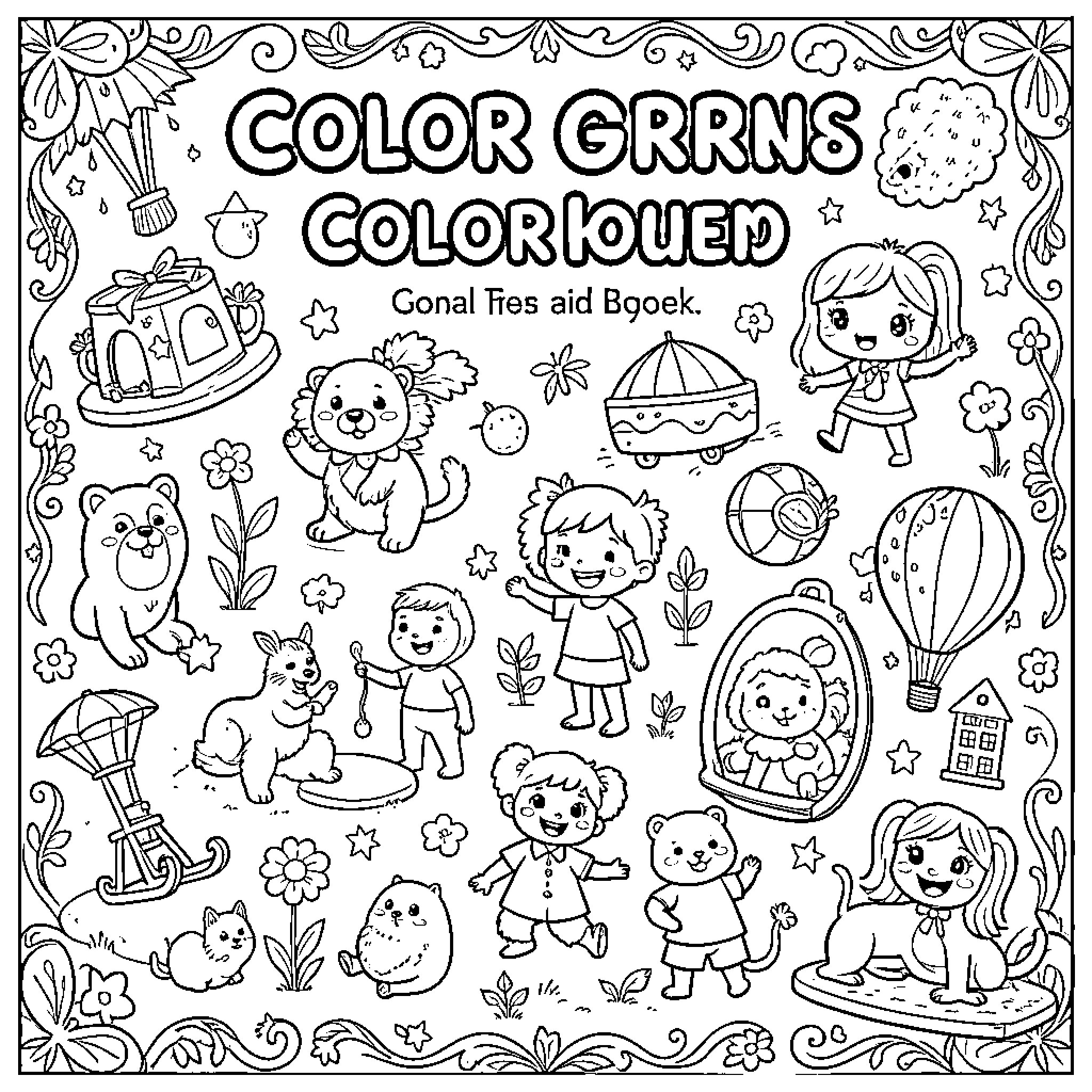 Book featuring happy children and cute animals playing Coloring Page (free black-and-white line drawing printable PDF for all, from beginners to advanced learners, including children, teens, adults, and seniors)