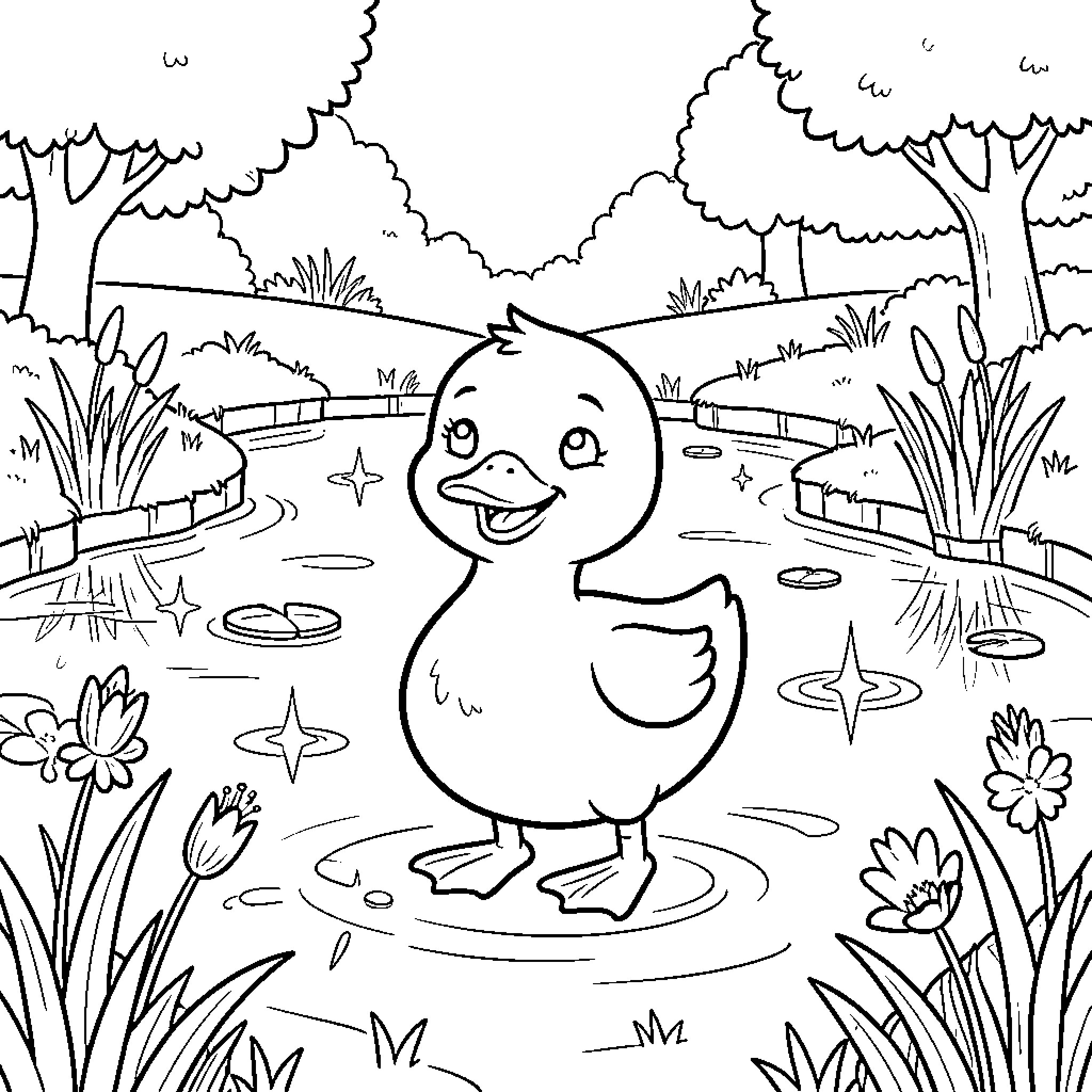 Lulu's Delightful Adventure in the Enchanting Meadow Coloring Page (free black-and-white line drawing printable PDF for all, from beginners to advanced learners, including children, teens, adults, and seniors)