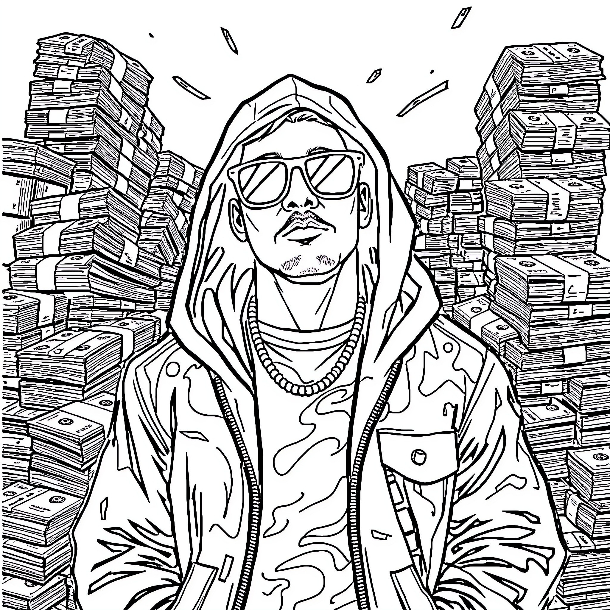 Jett surrounded by piles of books and papers Coloring Page (free black-and-white line drawing printable PDF for all, from beginners to advanced learners, including children, teens, adults, and seniors)