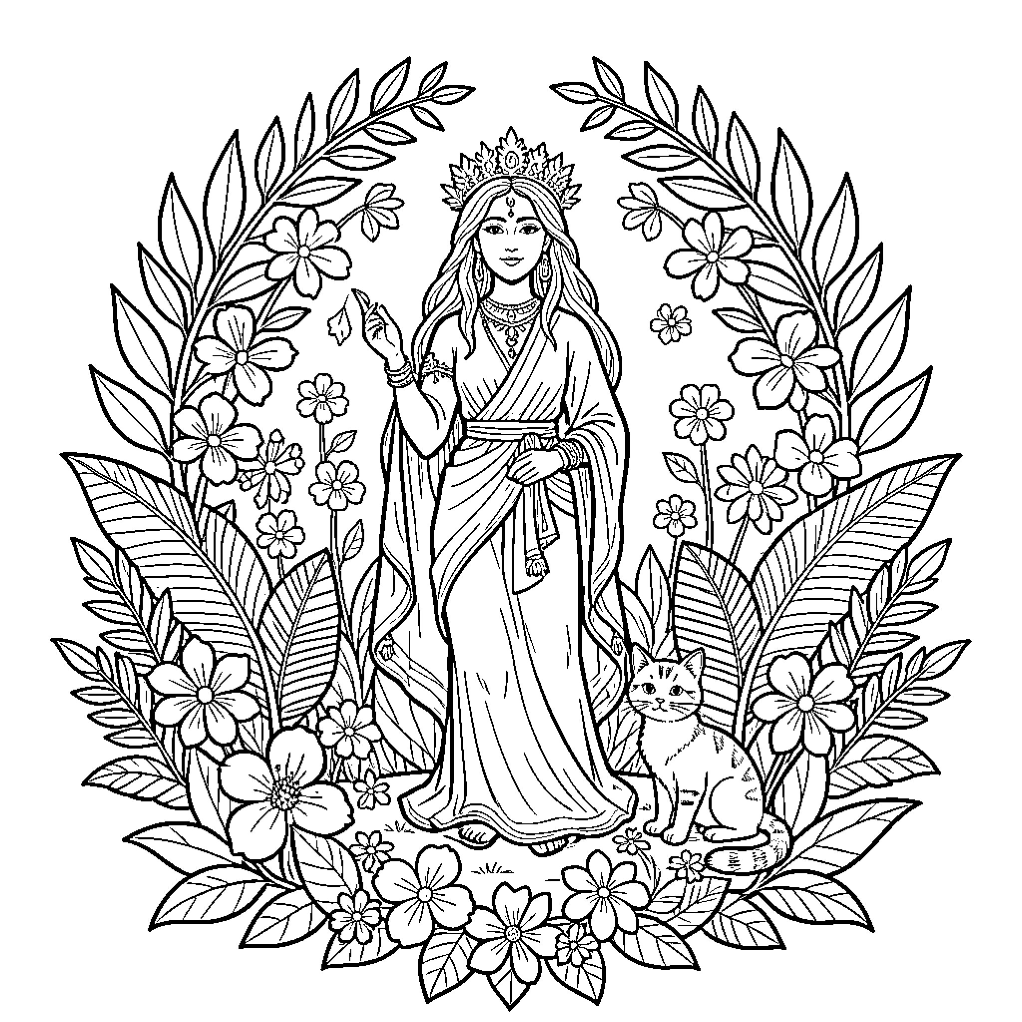 Diosa wearing a crown standing amidst lush flowers and greenery Coloring Page (free black-and-white line drawing printable PDF for all, from beginners to advanced learners, including children, teens, adults, and seniors)