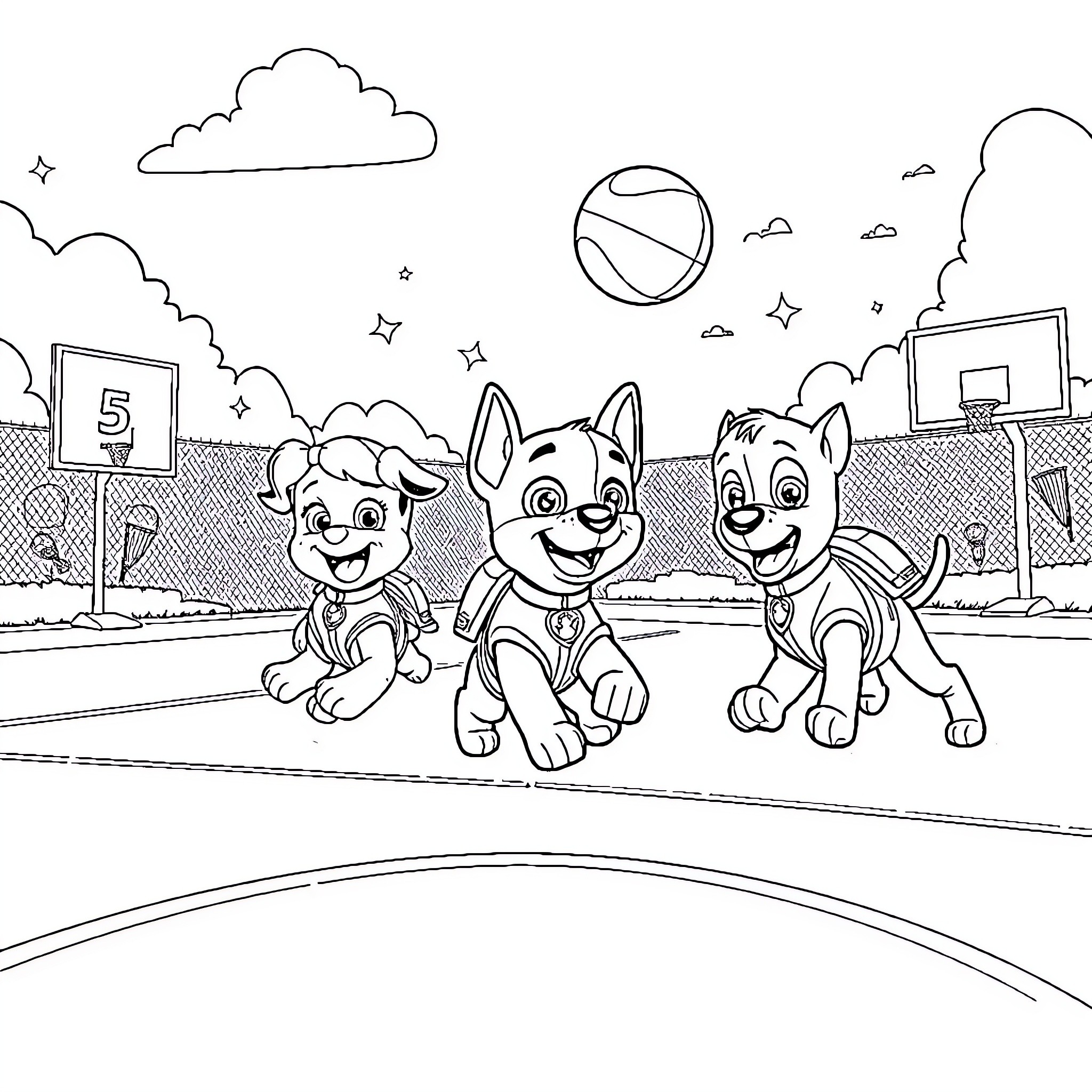 Paw Patrol pups playing joyfully on basketball court Coloring Page (free black-and-white line drawing printable PDF for all, from beginners to advanced learners, including children, teens, adults, and seniors)