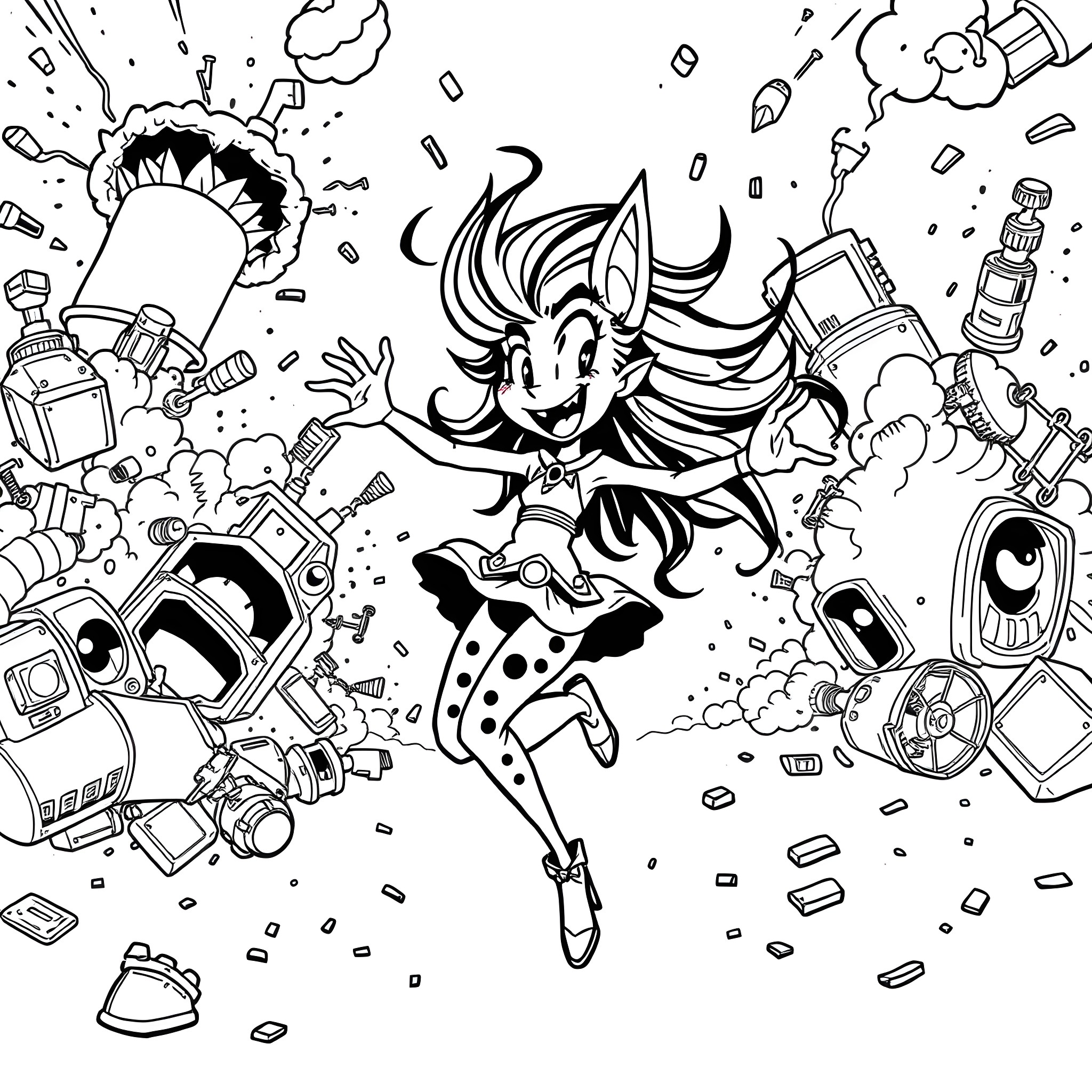 Jinx's chaotic explosion of gadgets and mischief Coloring Page (free black-and-white line drawing printable PDF for all, from beginners to advanced learners, including children, teens, adults, and seniors)