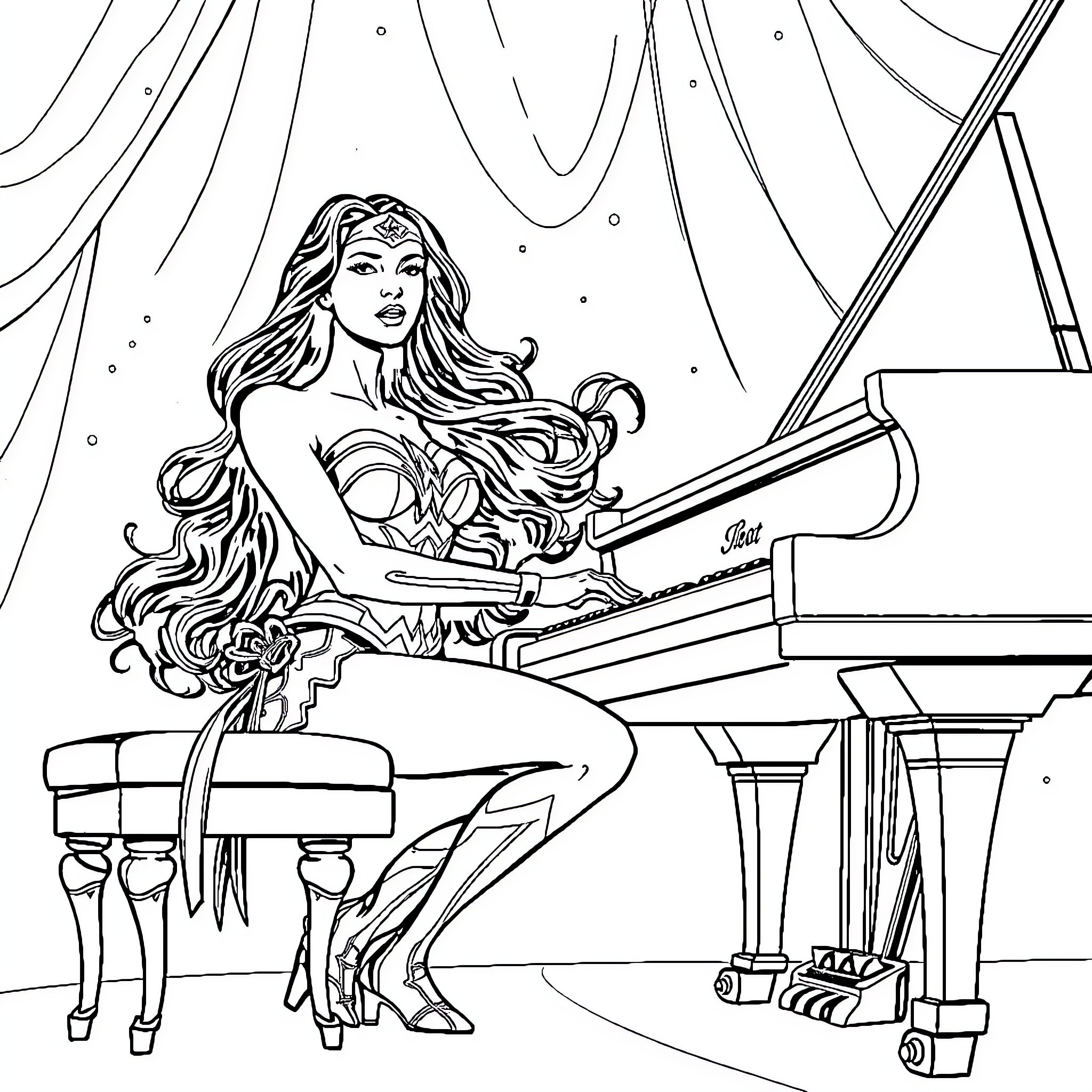 Wonder Woman playing grand piano in cosmic setting Coloring Page (free black-and-white line drawing printable PDF for all, from beginners to advanced learners, including children, teens, adults, and seniors)