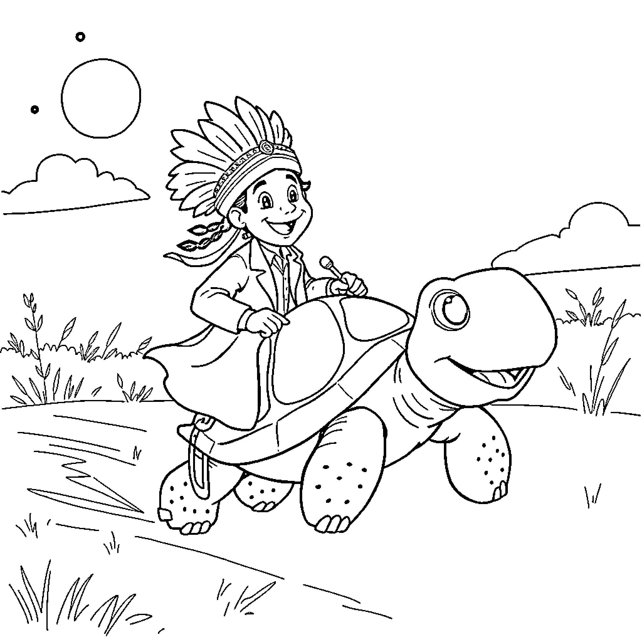Dentist Examines Friendly Turtle in Outdoor Scene Coloring Page (free black-and-white line drawing printable PDF for all, from beginners to advanced learners, including children, teens, adults, and seniors)
