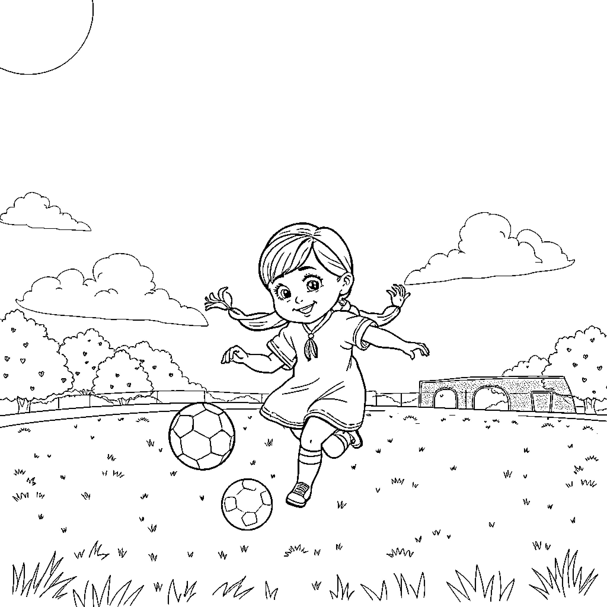 Masha playing with soccer balls in the park Coloring Page (free black-and-white line drawing printable PDF for all, from beginners to advanced learners, including children, teens, adults, and seniors)