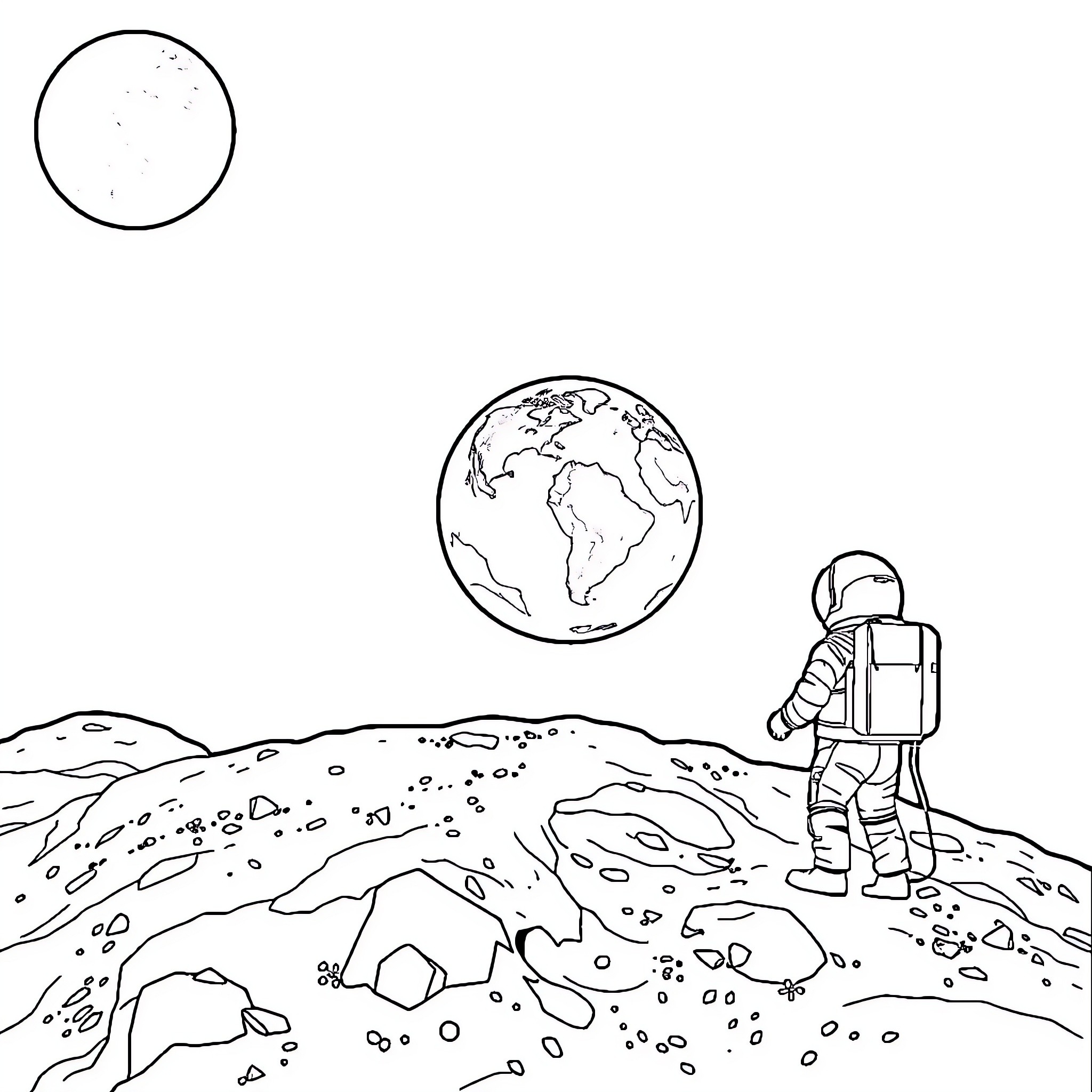 Astronaut exploring extraterrestrial landscape Coloring Page (free black-and-white line drawing printable PDF for all, from beginners to advanced learners, including children, teens, adults, and seniors)