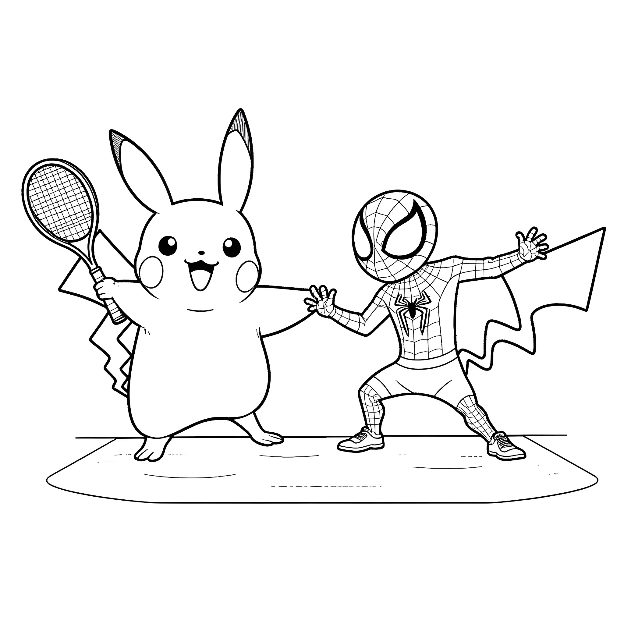 Pikachu and Spider-Man playing together happily Coloring Page (free black-and-white line drawing printable PDF for all, from beginners to advanced learners, including children, teens, adults, and seniors)