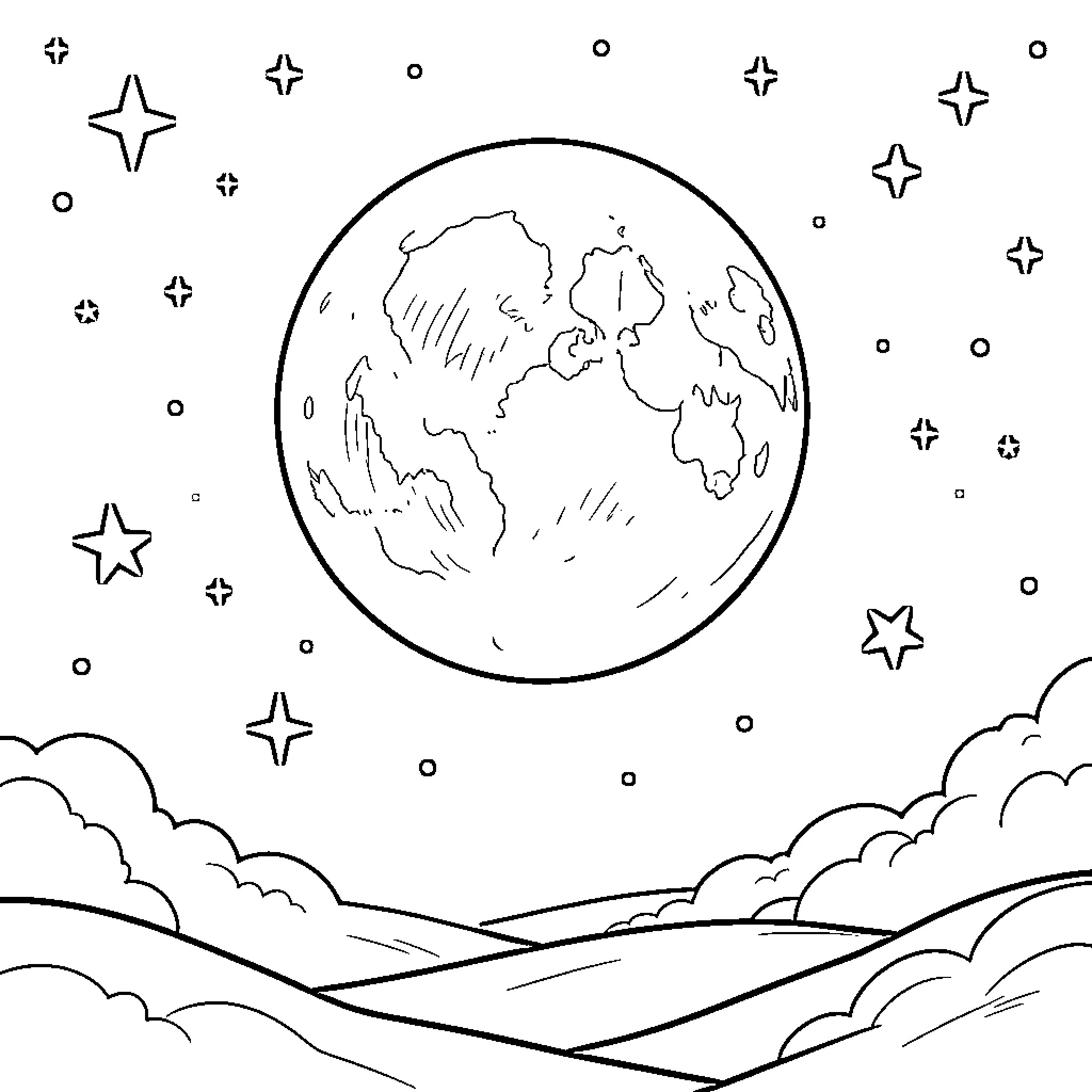 Moon shining brightly over a landscape of clouds Coloring Page (free black-and-white line drawing printable PDF for all, from beginners to advanced learners, including children, teens, adults, and seniors)