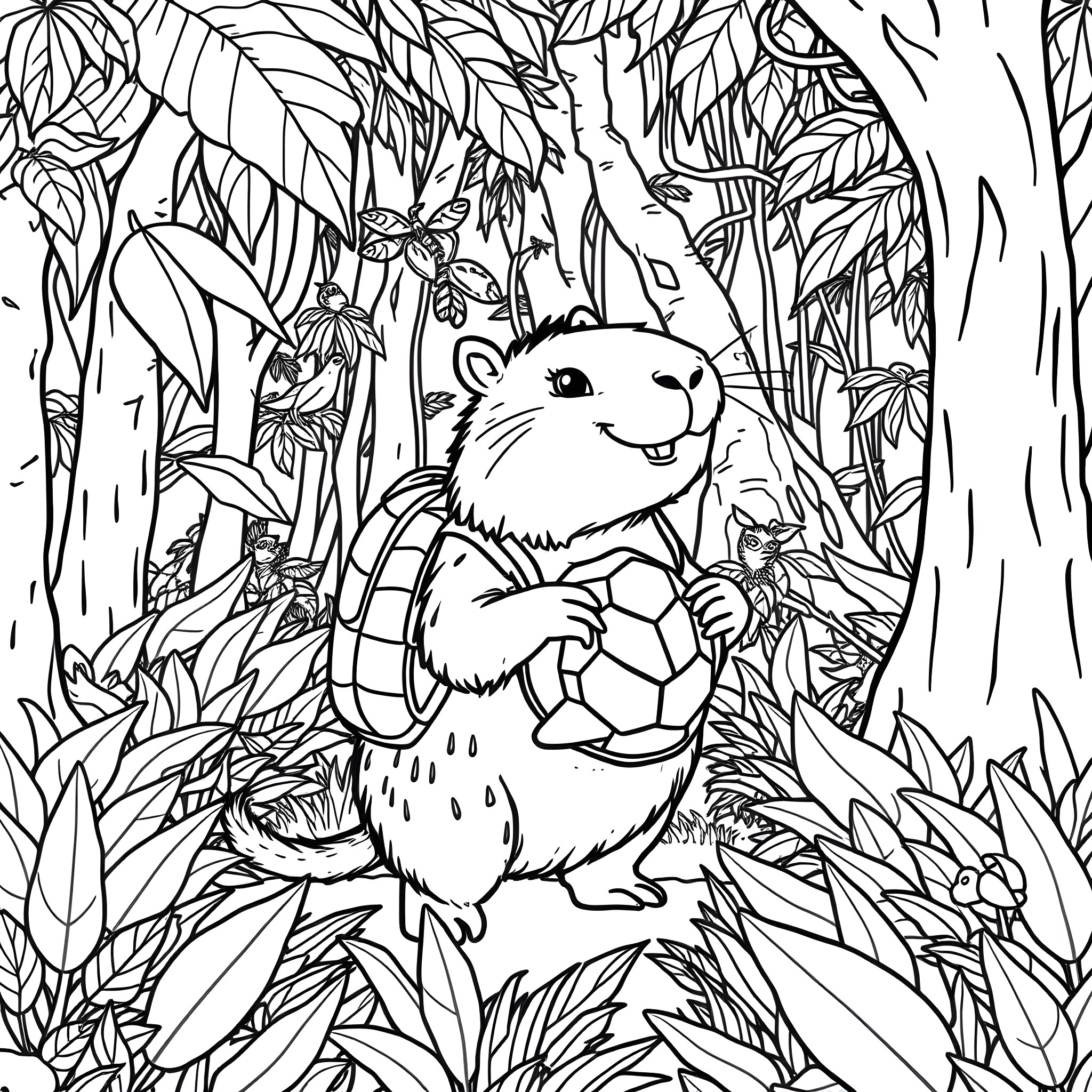 Capybara playing with a soccer ball in the jungle Coloring Page (free black-and-white line drawing printable PDF for all, from beginners to advanced learners, including children, teens, adults, and seniors)