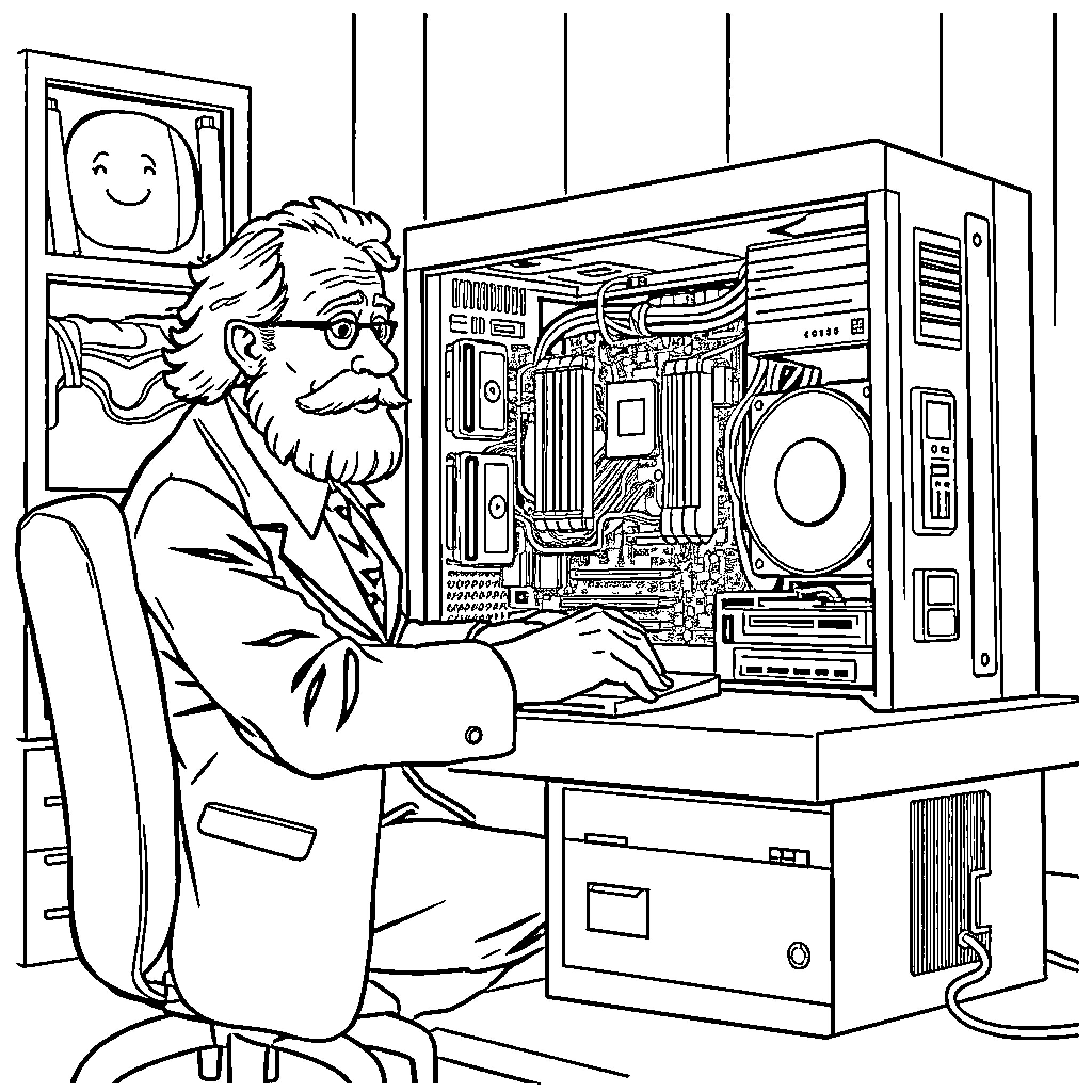Computer engineer examining hardware components Coloring Page (free black-and-white line drawing printable PDF for all, from beginners to advanced learners, including children, teens, adults, and seniors)