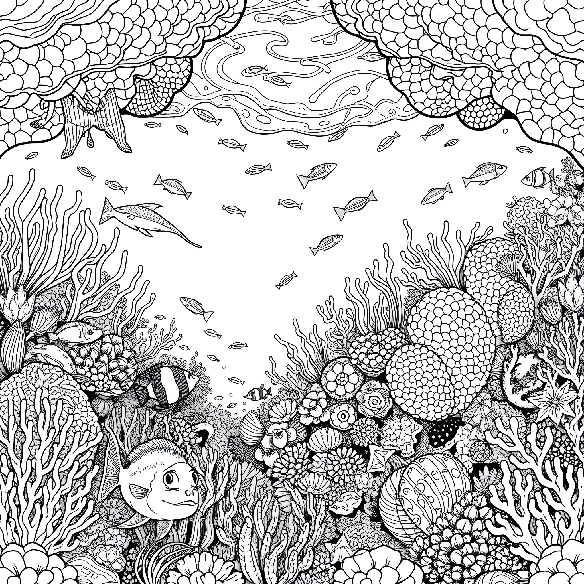 Coral reef teeming with marine life Coloring Page (free black-and-white line drawing printable PDF for all, from beginners to advanced learners, including children, teens, adults, and seniors)