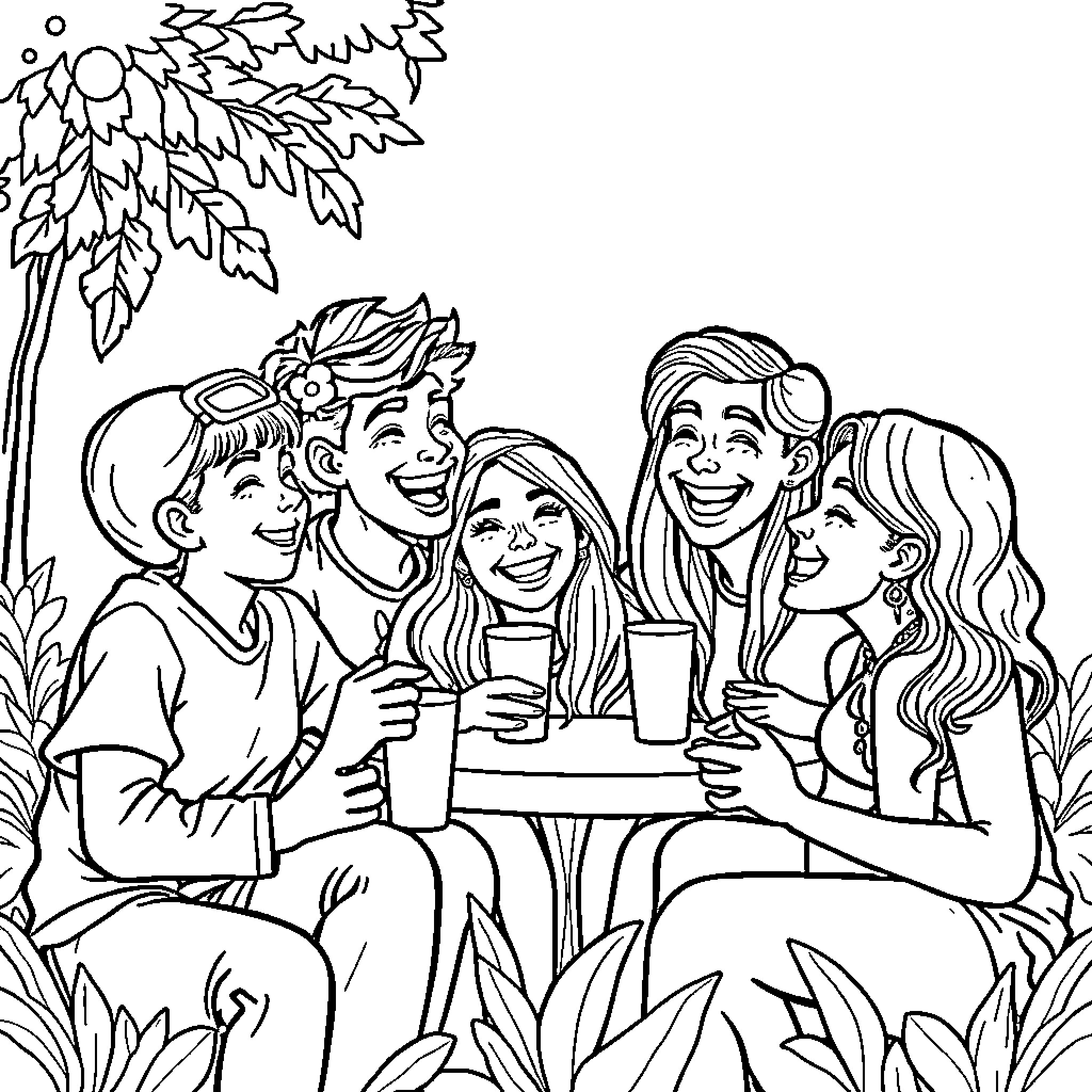 Faciles Friends Enjoying Outdoor Gathering Coloring Page (free black-and-white line drawing printable PDF for all, from beginners to advanced learners, including children, teens, adults, and seniors)