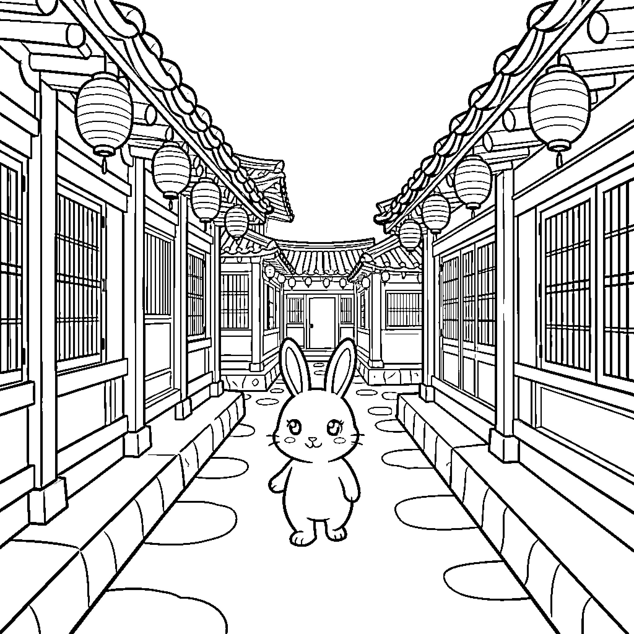 Bunny walking through a traditional oriental village street Coloring Page (free black-and-white line drawing printable PDF for all, from beginners to advanced learners, including children, teens, adults, and seniors)