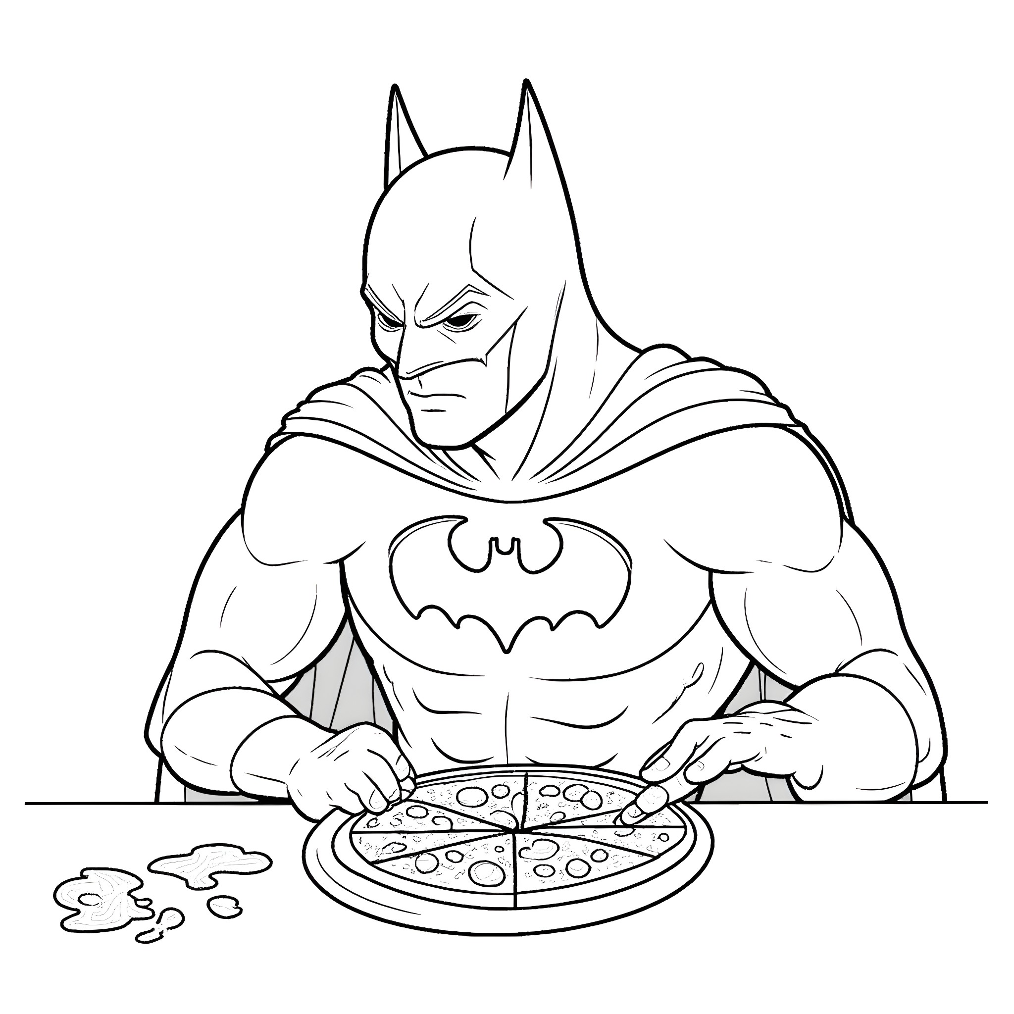 Batman Enjoying a Slice of Pizza Coloring Page (free black-and-white line drawing printable PDF for all, from beginners to advanced learners, including children, teens, adults, and seniors)