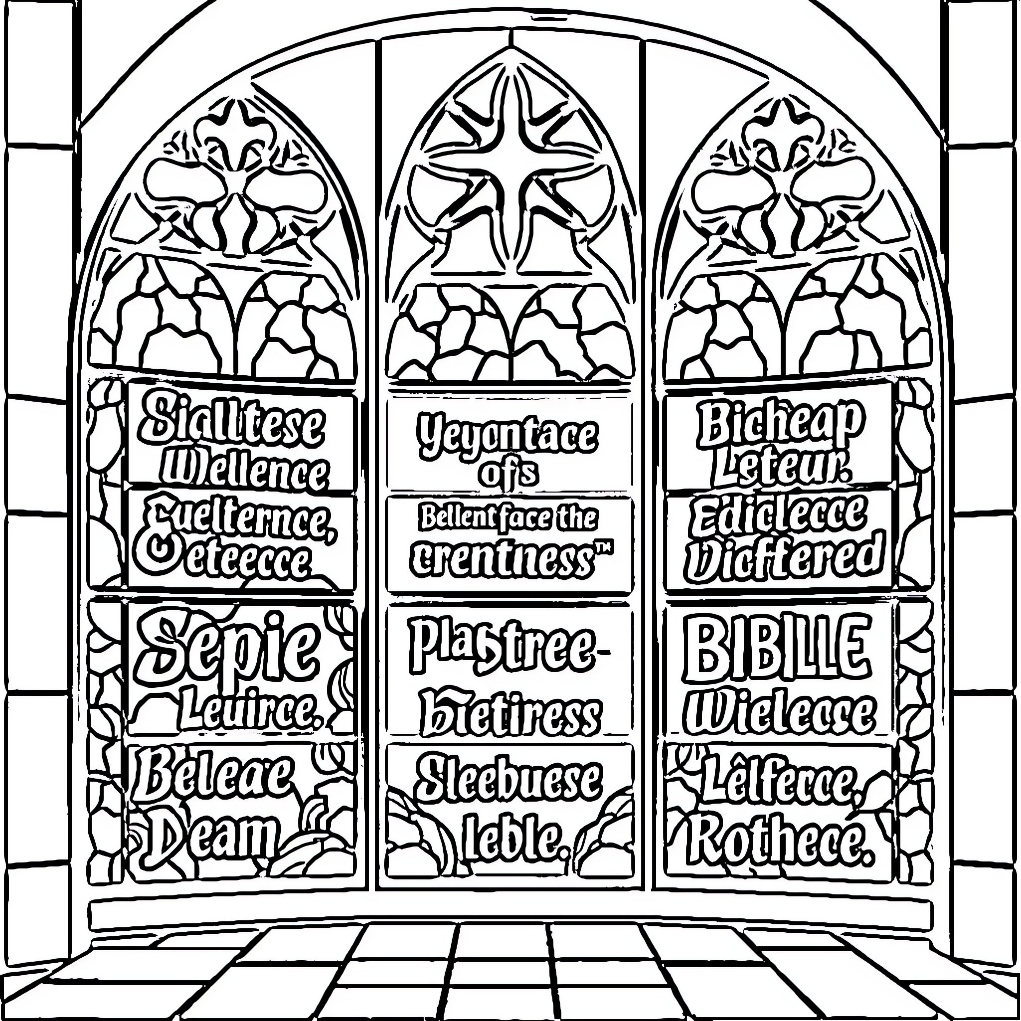 Bible Quote Stained Glass Window with Religious Texts Coloring Page (free black-and-white line drawing printable PDF for all, from beginners to advanced learners, including children, teens, adults, and seniors)