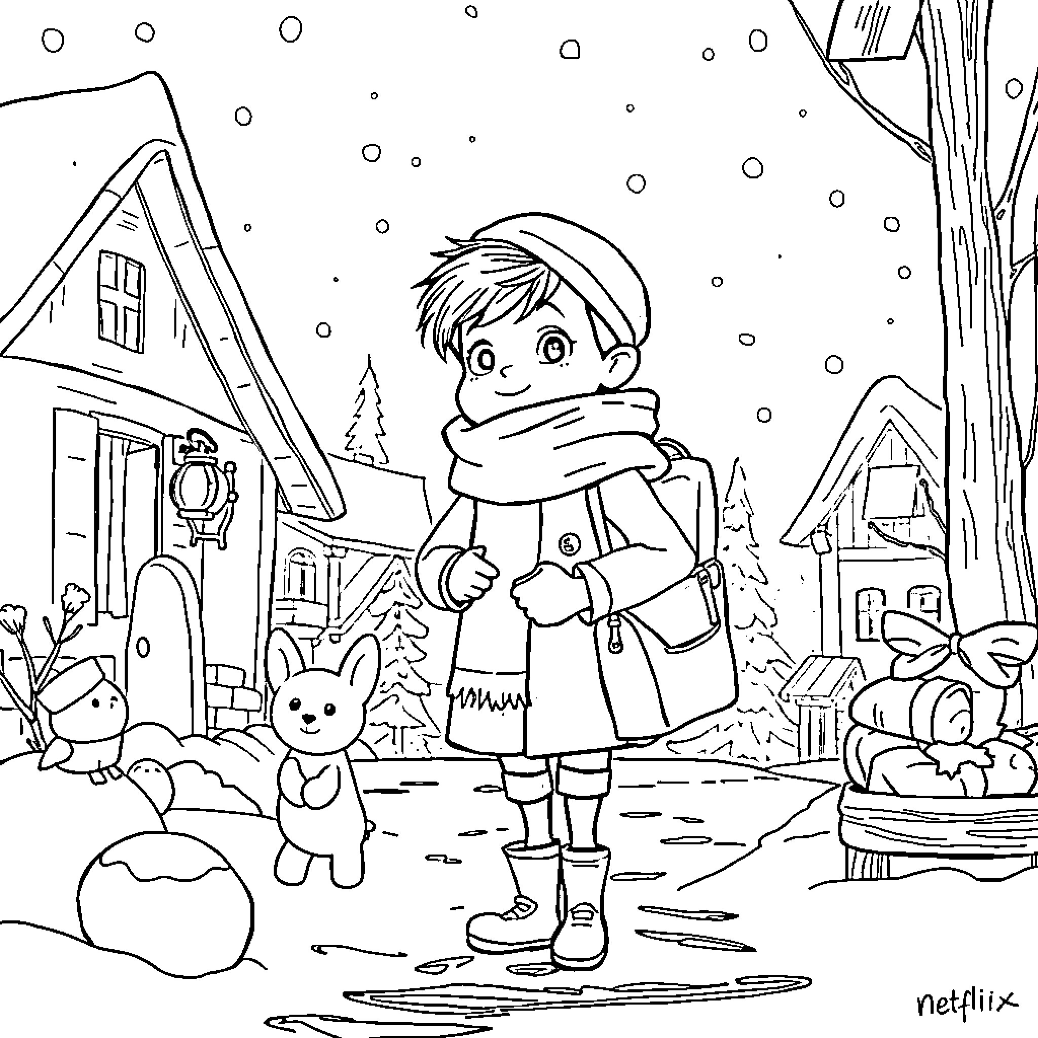 Klaus exploring the snowy winter village Coloring Page (free black-and-white line drawing printable PDF for all, from beginners to advanced learners, including children, teens, adults, and seniors)