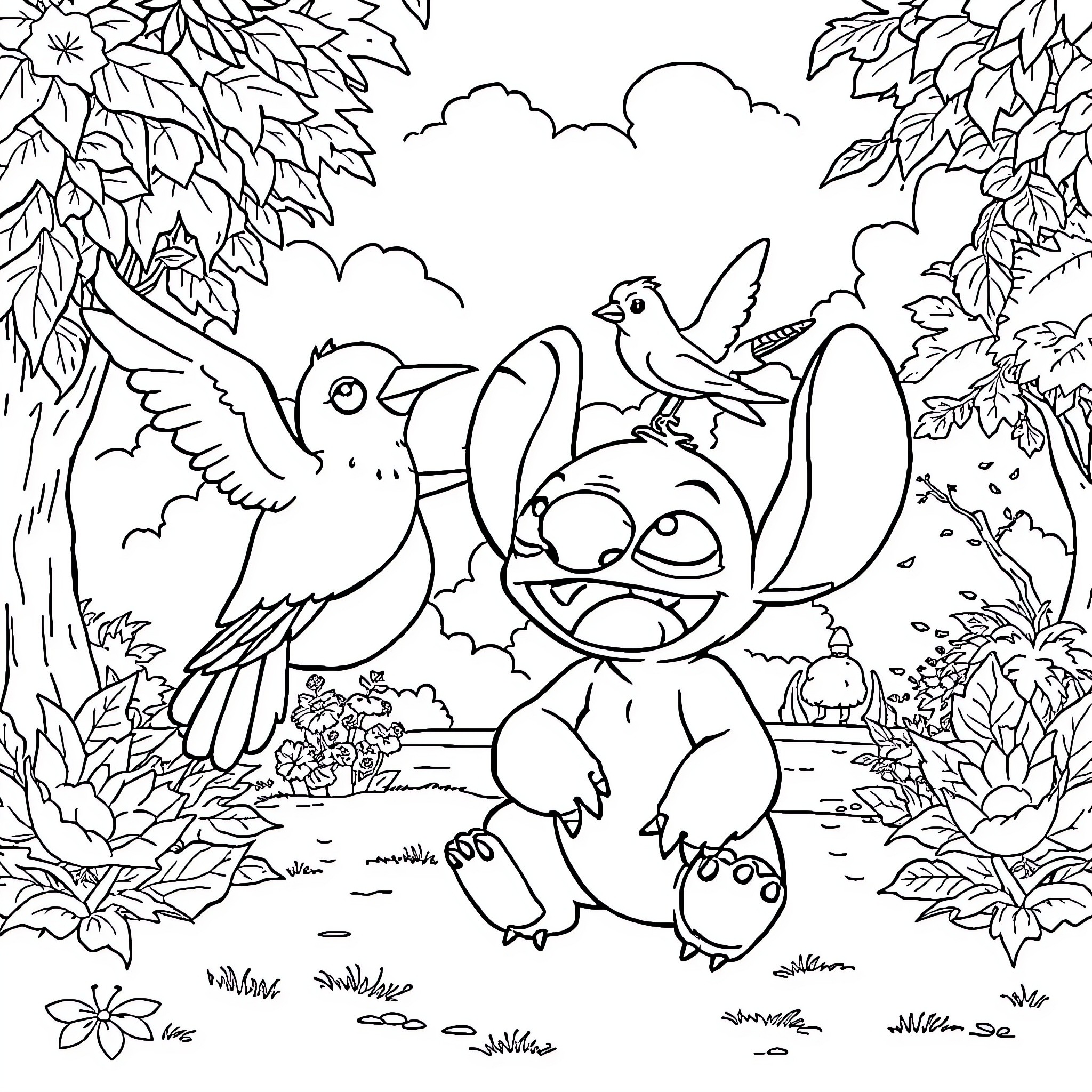Bird playing with Stitch in the garden Coloring Page (free black-and-white line drawing printable PDF for all, from beginners to advanced learners, including children, teens, adults, and seniors)