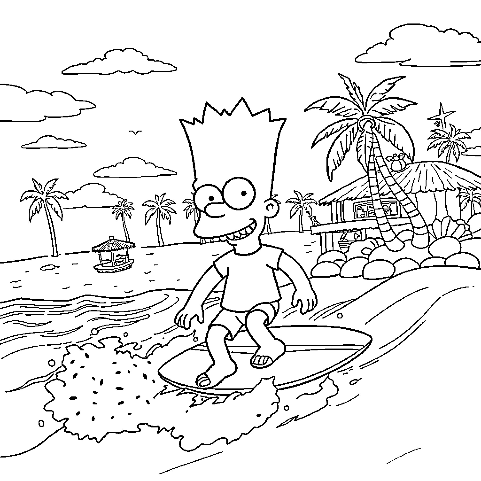 Bart Simpson surfing in tropical island paradise Coloring Page (free black-and-white line drawing printable PDF for all, from beginners to advanced learners, including children, teens, adults, and seniors)