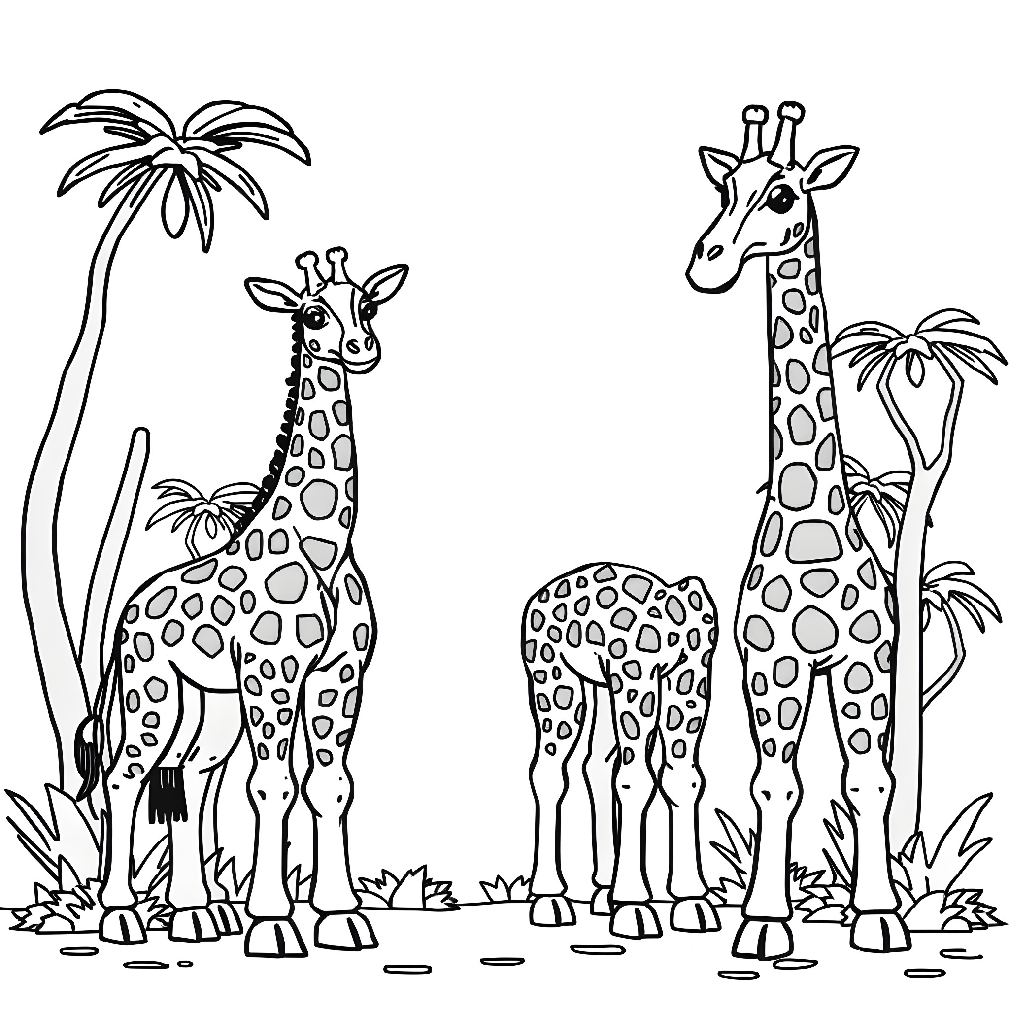 Giraffe family enjoying the tropical landscape Coloring Page (free black-and-white line drawing printable PDF for all, from beginners to advanced learners, including children, teens, adults, and seniors)