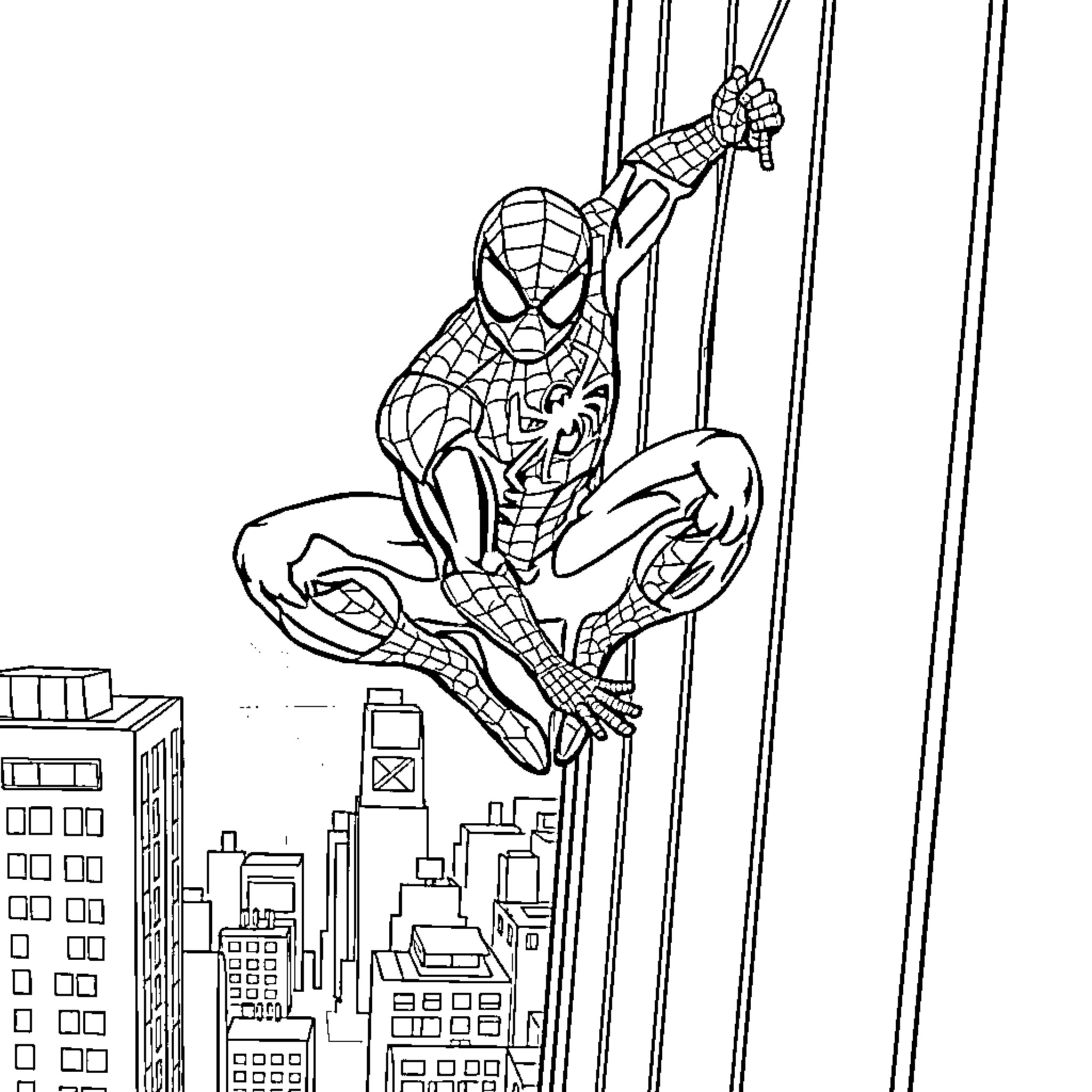 Spiderman swinging through the city skyline Coloring Page (free black-and-white line drawing printable PDF for all, from beginners to advanced learners, including children, teens, adults, and seniors)