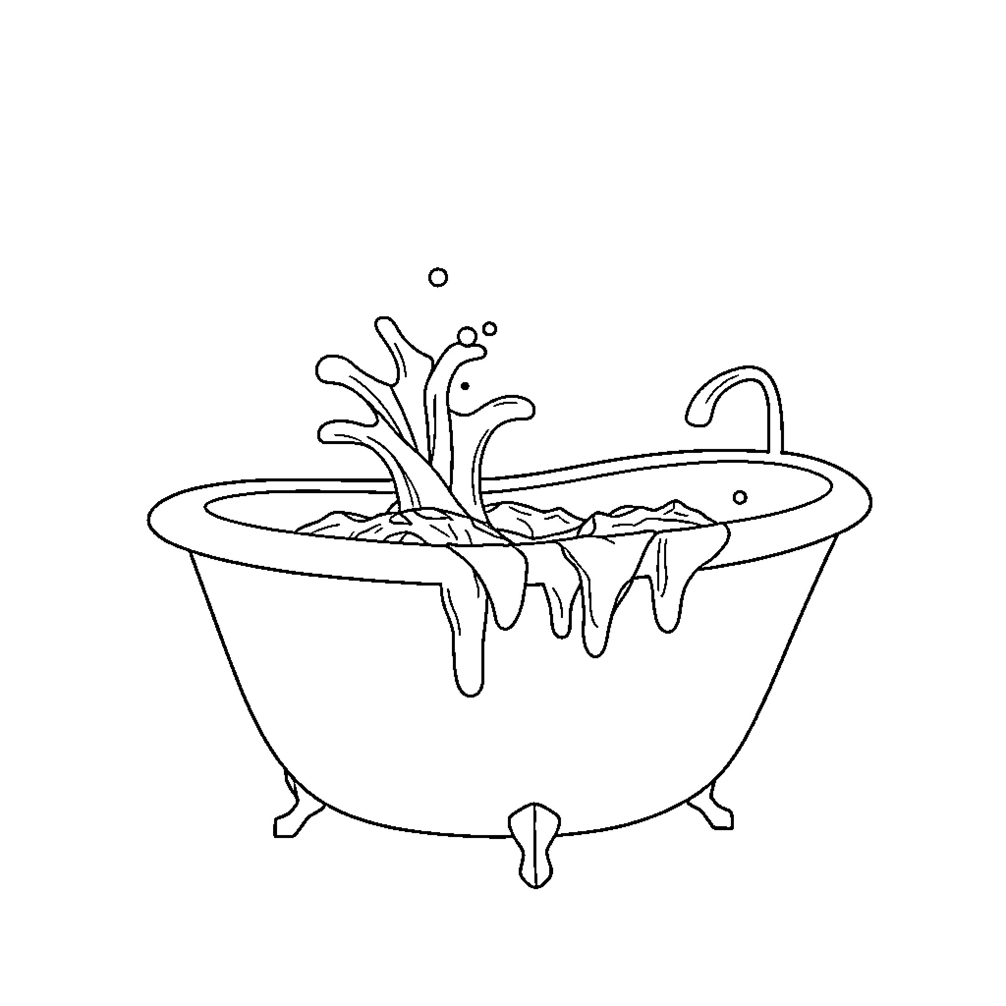Bathtub with Whimsical Splashing Coloring Page (free black-and-white line drawing printable PDF for all, from beginners to advanced learners, including children, teens, adults, and seniors)